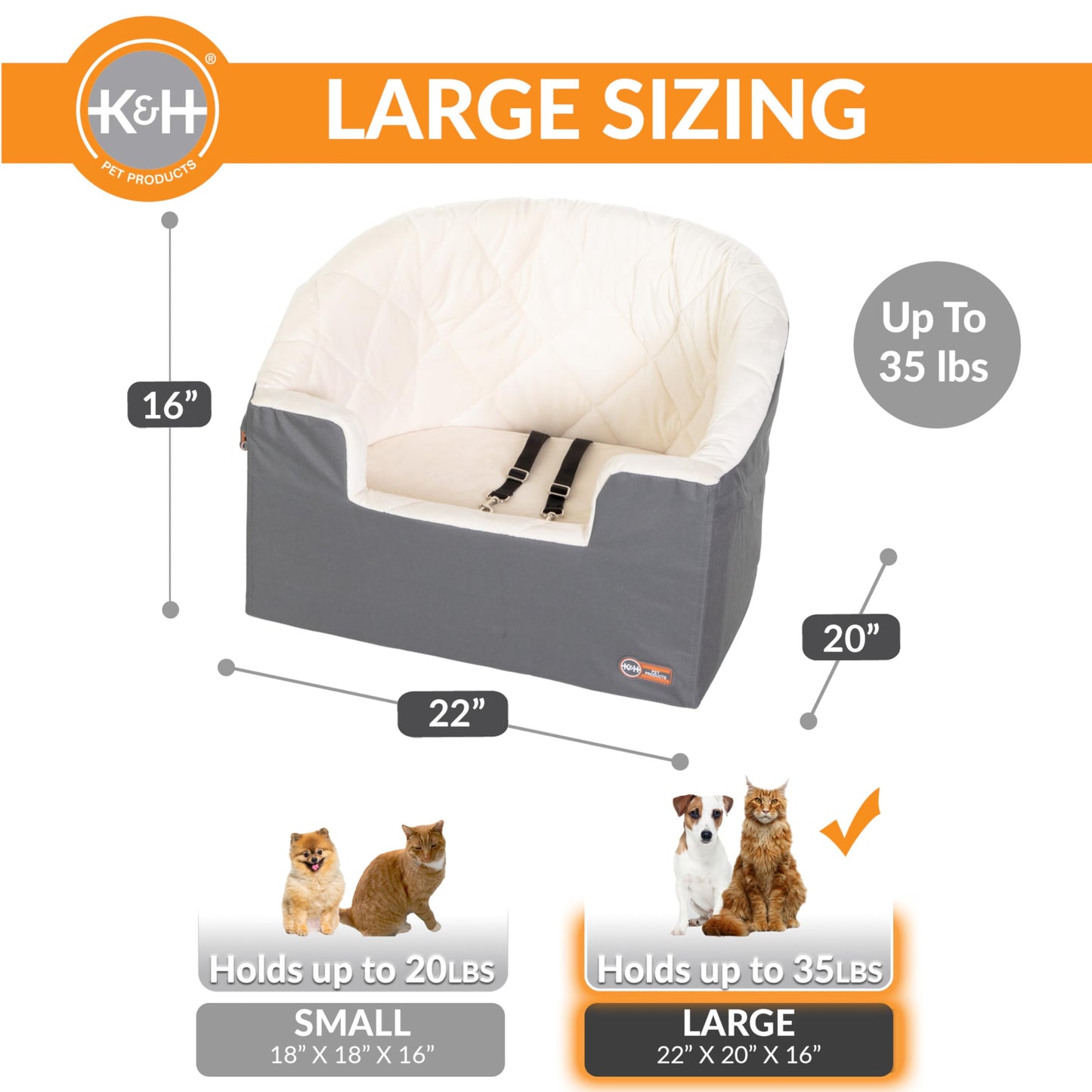 K&H Pet Products Bucket Booster Dog Car Seat, Seat Belt Secured, 2 Safety Leashes, Washable Covers, Sturdy Dog & Cat Booster Seat, Carriers for Small to Medium Pets - Large Gray/Cream