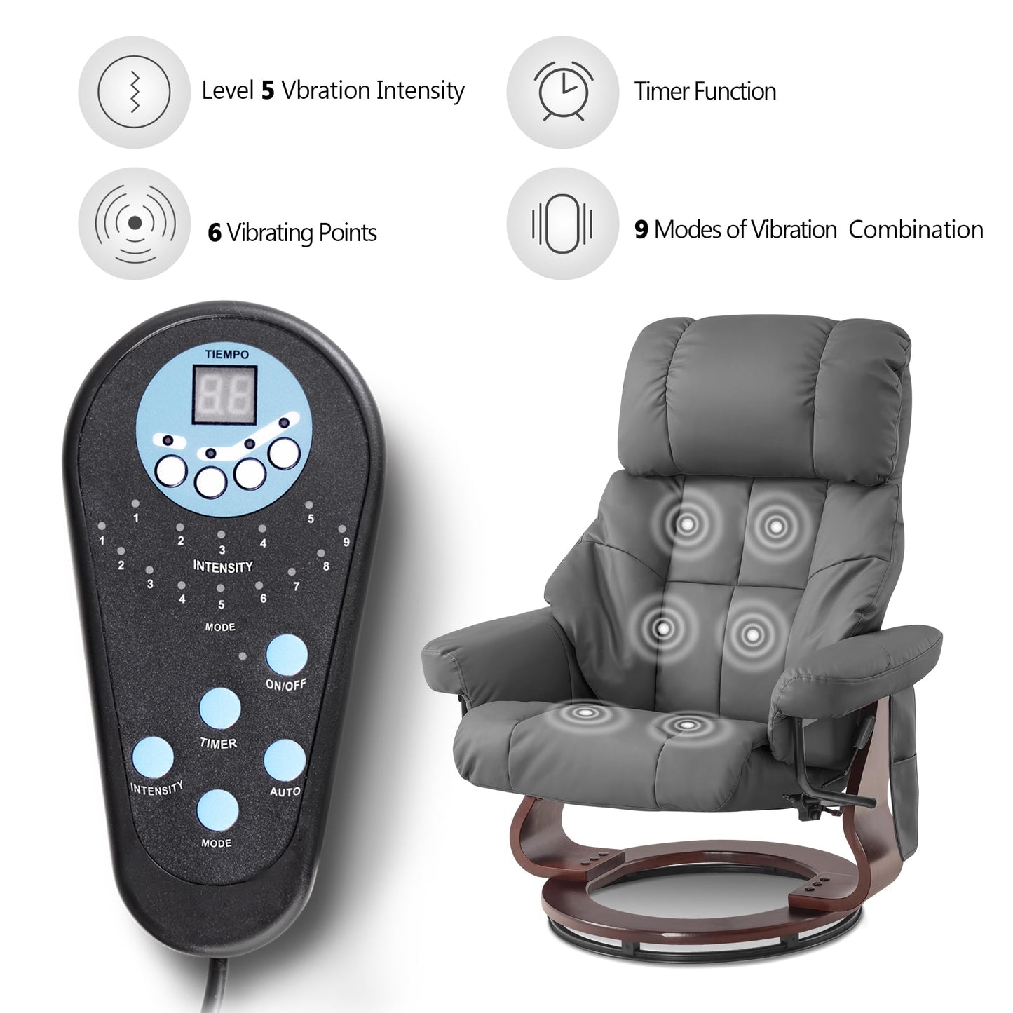 MCombo Manual Swivel Recliner with Ottoman, Reclining Chair with Vibration Massage for Small Spaces, Living Room, Office, Faux Leather 9068 (Grey)