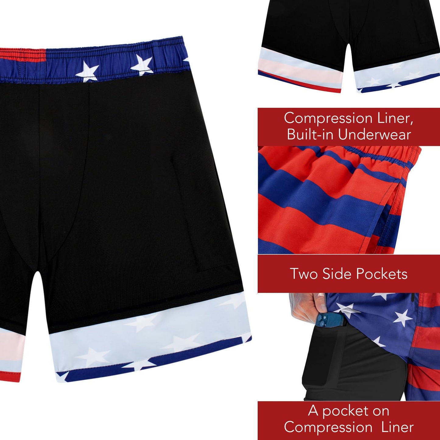 ALISISTER Men Fourth of July Swim Trunks Compression Liner American Board Shorts USA Flag Independence Day Boardshorts Swimsuits Swimwear 7 Inch