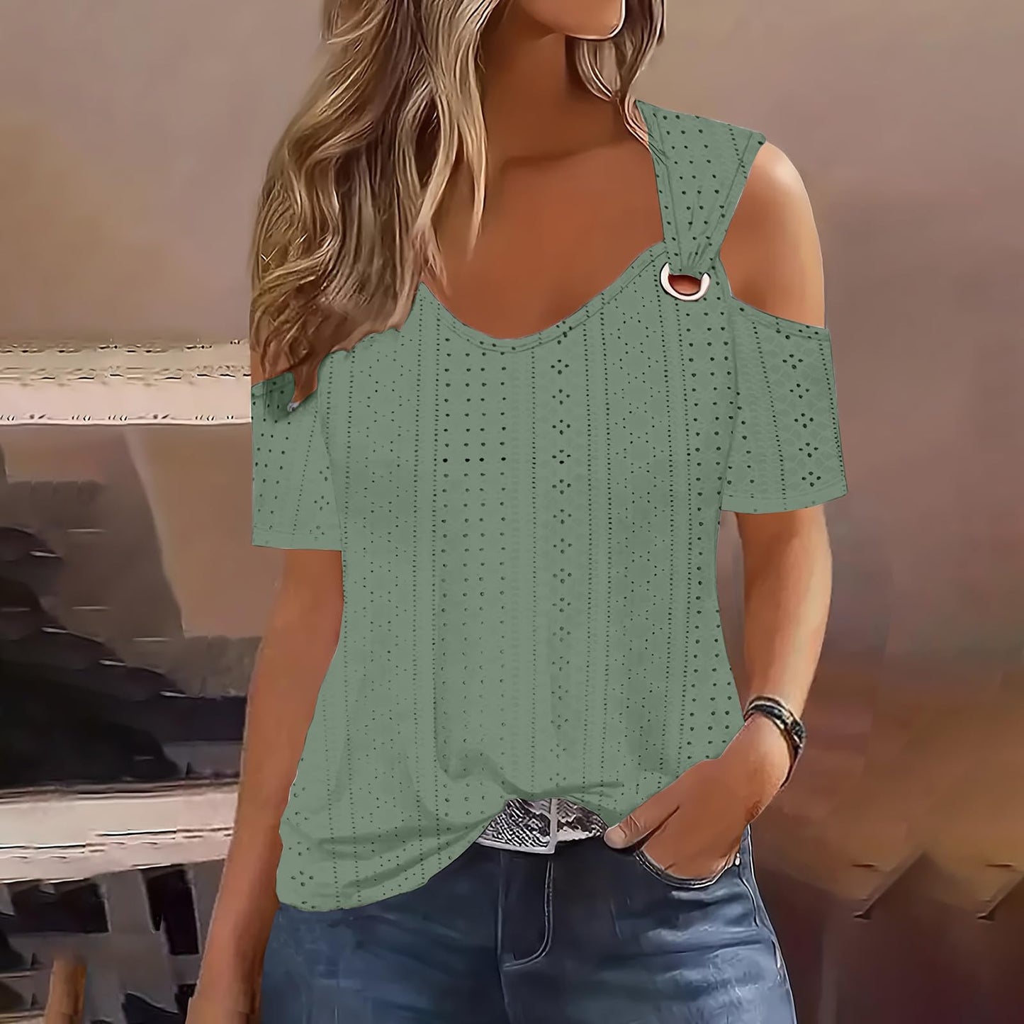TARIENDY Cold Shoulder Tops for Women Dressy Women's Cold Shoulder Tops Short Sleeve V Neck Tees Dressy Casual Loose fitting Solid Blouses Trendy 2024 Summer My Orders Placed J-green