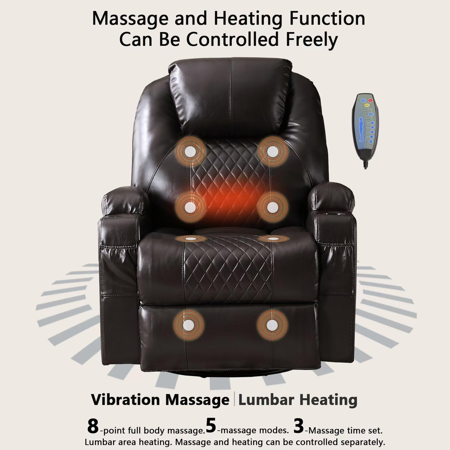 IBTKIG Power Swivel Rocker Recliner Chair with Massage and Heat/LED Lights/USB and Type-C Ports/Infinite Position/Cup Holder, Electric Glider Reclining Sofa for Nursery Living Room(2, Brown)
