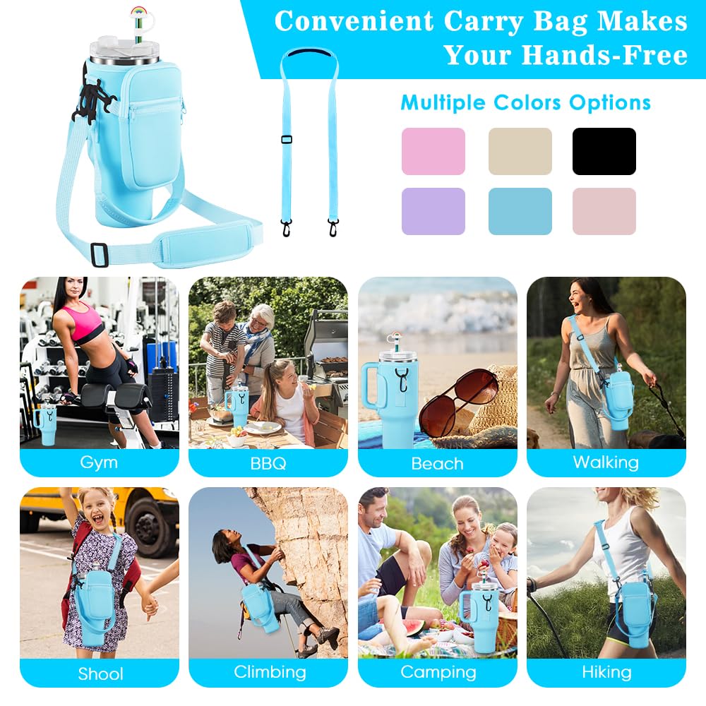 Evelame 3 in 1 Water Bottle Carrier Bag with Pouch Pocket fits Stanley 40 oz Tumbler, Water Bottle Holder with Strap for Stanley Cup Accessories with Stainless Steel Straws, Straw Cover (Blue)