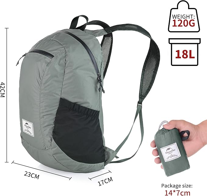 Naturehike 18L Lightweight Hiking Backpack, Waterproof Camping Packable Backpack Ultralight for Travel, Airplane, Small Hiking Daypack for Adults, Grey