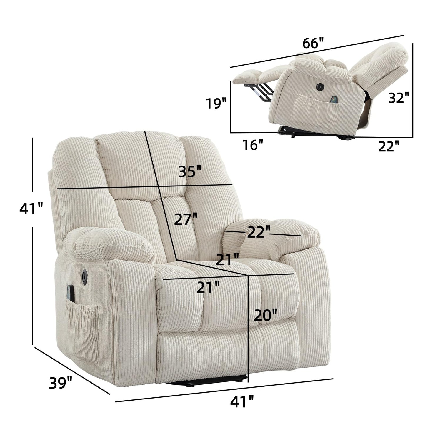 CANMOV Power Lift Recliner Chair with Massage and Heat for Elderly, Overstuffed Wide Recliners, Heavy Duty and Safety Motion Reclining Mechanism with USB Ports, 2 Concealed Cup Holders, Beige