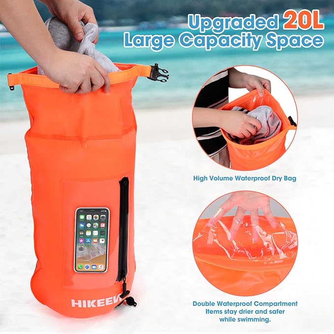 Hikeen Swim Buoy with Dry Bag 20L - Waterproof Touchscreen Large,Fully Waterproof Swim Safety Float for Open Water Swimmers and Training Triathletes, Kayaking, Be Bright, Be Safer