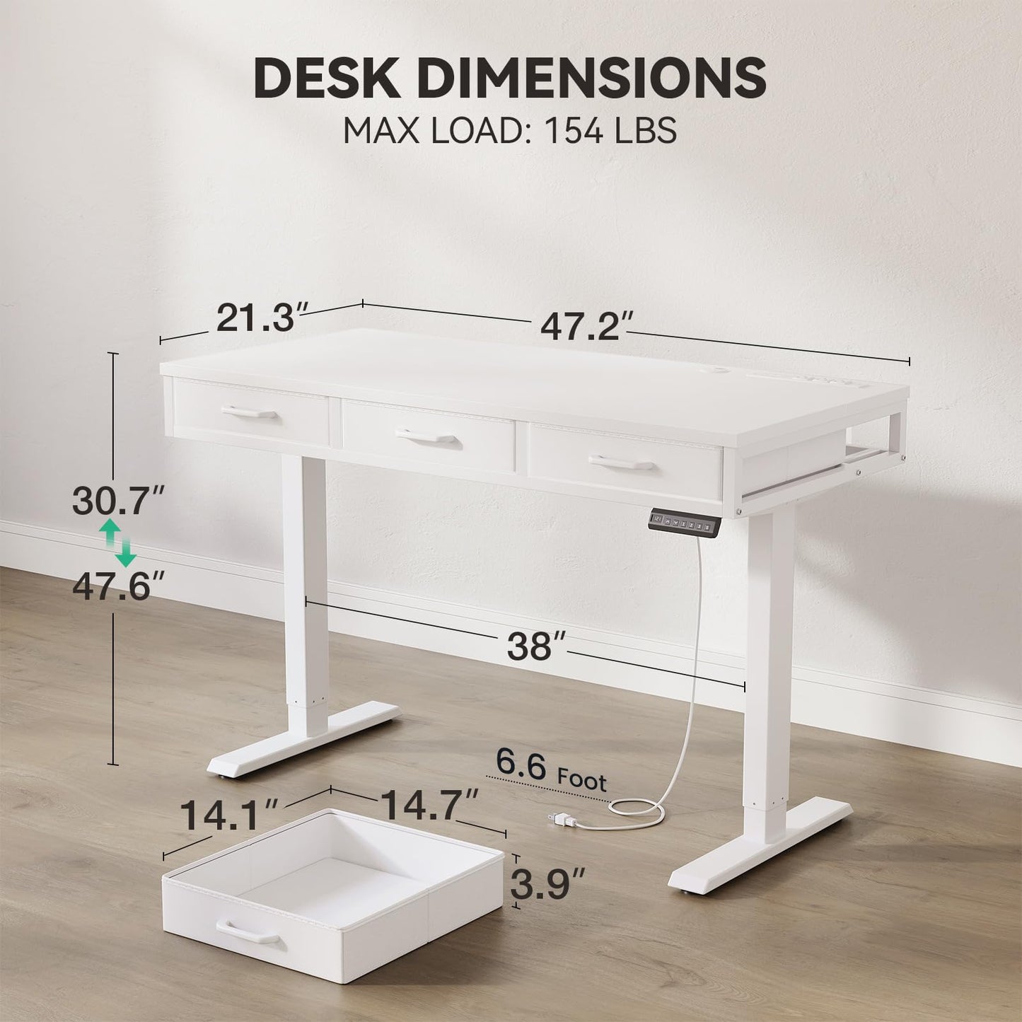 AODK Electric Standing Desk with Drawers, 47 Inch Height Adjustable Small Desk with Power Outlets, Sit Stand Table, Writing Computer Desk for Home, Office, Workstation, White