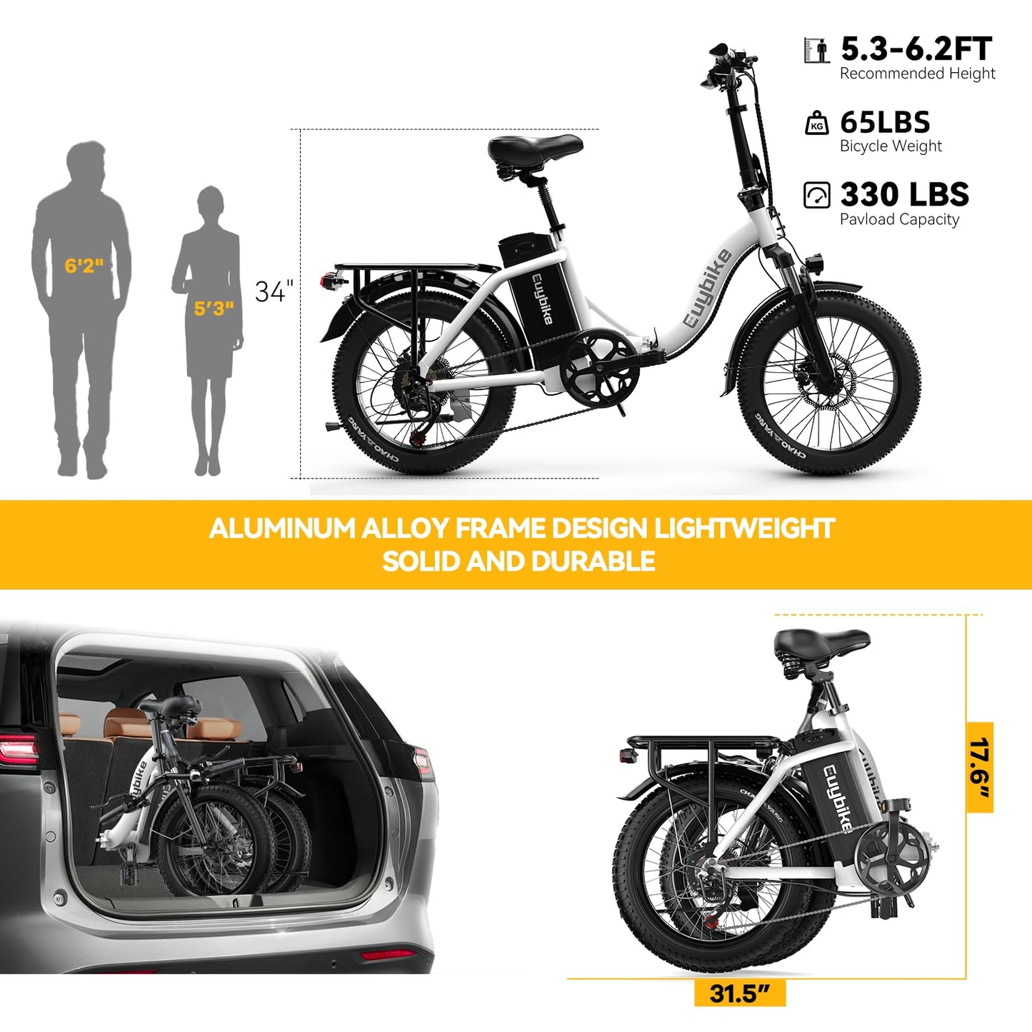 Folding Electric Bike for Adults with Peak 1000W Motor, 48V 20AH Battery up to 30MPH 80 Miles, 20" Fat Tire All Terrain Ebike, Front Suspension 7-Speed Commuter Step-Thru E Bike White, UL Certified