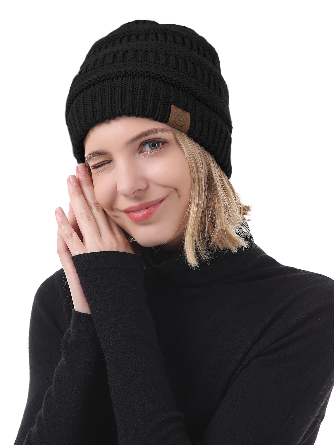 American Trends Winter Hats for Women Satin Lined Beanie Hats Cable Warm Knit Skull Cap Thick Slouchy Beanie for Cold Weather Black&Beige