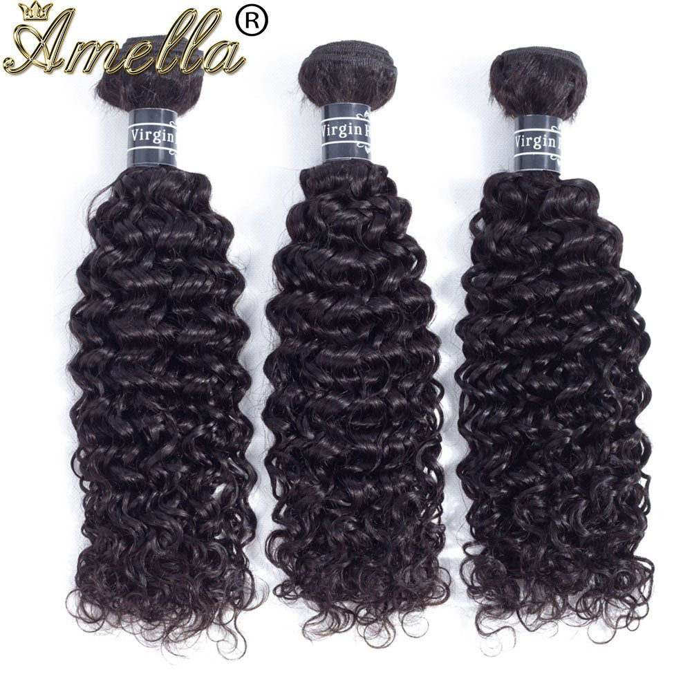 Amella Hair Brazilian Virgin Curly Hair Weave 3 Bundles with Lace Closure Free Part 4x4 8A 100% Unprocessed Brazilian Kinky Curly Hair Weave Bundles Natural Black Color (16 18 20+14inch)
