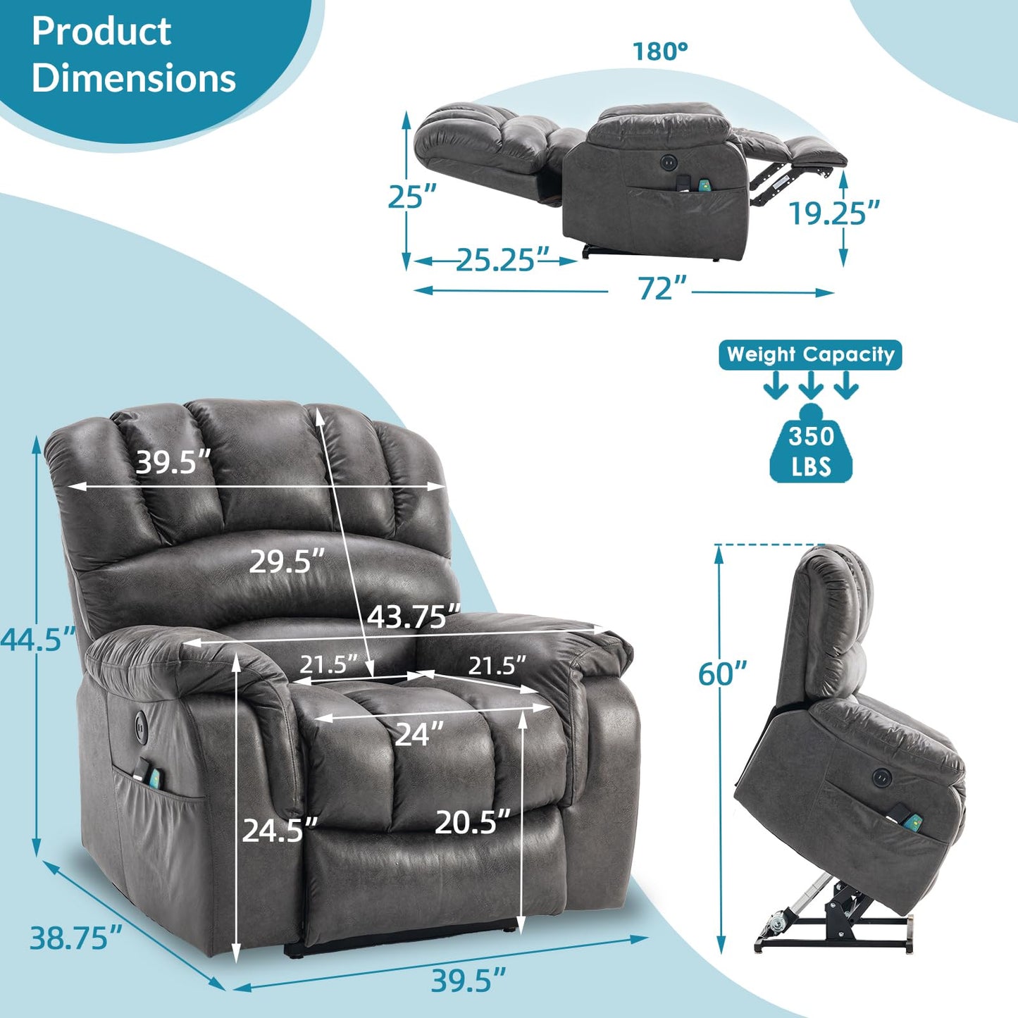 OUINCH Large Dual Motor Lay Flat Sleeper Power Lift Recliner Chair for Elderly with Heat and Massage, 2 Remote Controls, 2 USB Ports & 2 Side Pockets, Infinite Position (Grey)