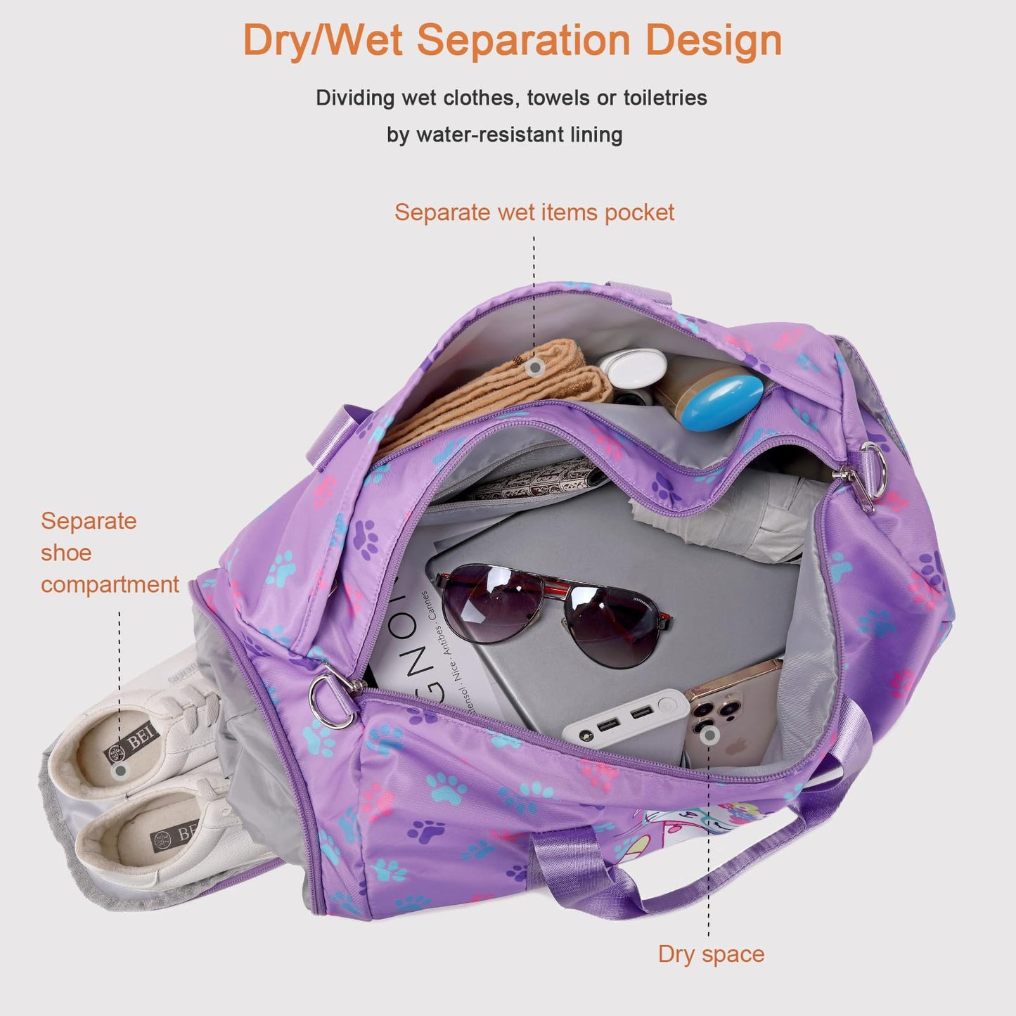 Octsky Dance Bag Sports Gym Bag Teens Dance Bag Gymnastics Bag Carry On Weekender Bag with Shoe Compartment (Cat Purple)