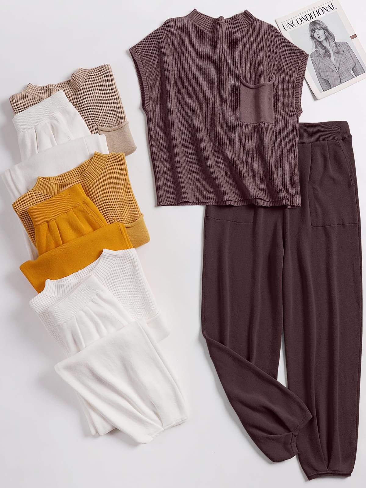 ANRABESS Women's Two Piece Outfits Knit Sweater Pullover Crop Top & Pants Lounge Matching Tracksuit Sweatsuit Sets 2024 Trendy Loungewear Clothes Nutmeg X-Small