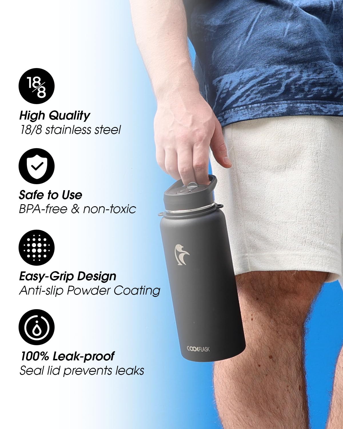 Coolflask 32 oz Water Bottle with Strap, Insulated Metal Water Flask with Straw & Spout Lids, Stainless Steel Double Wall Vacuum, Keep Cold 48h Hot 24h, Leak Proof & Non-BPA, Magic Black