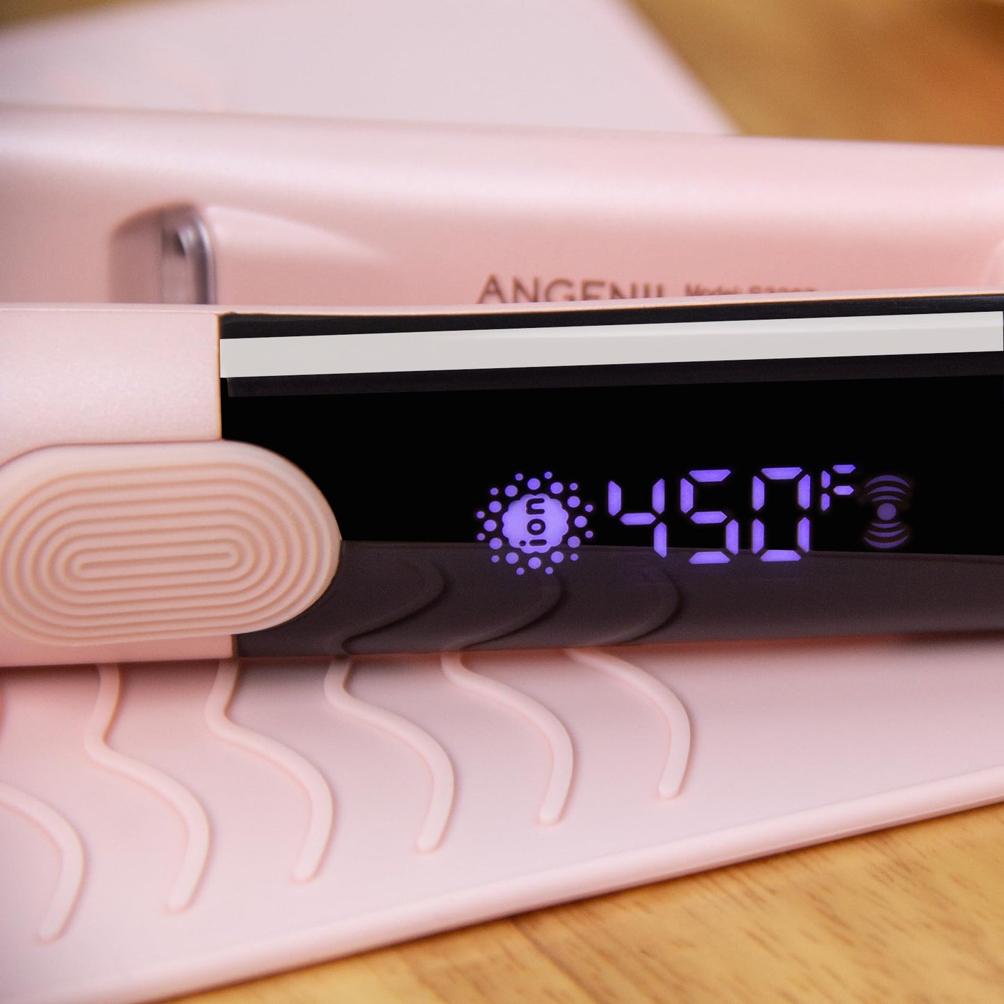 ANGENIL Pro Titanium Flat Iron Hair Straightener and Curler 2 in 1, Round Pink Dual Voltage Hair Straightener Irons with Heat Resistant Silicone Mat Hot Tools, Large LCD Display, 20S Fast Heating