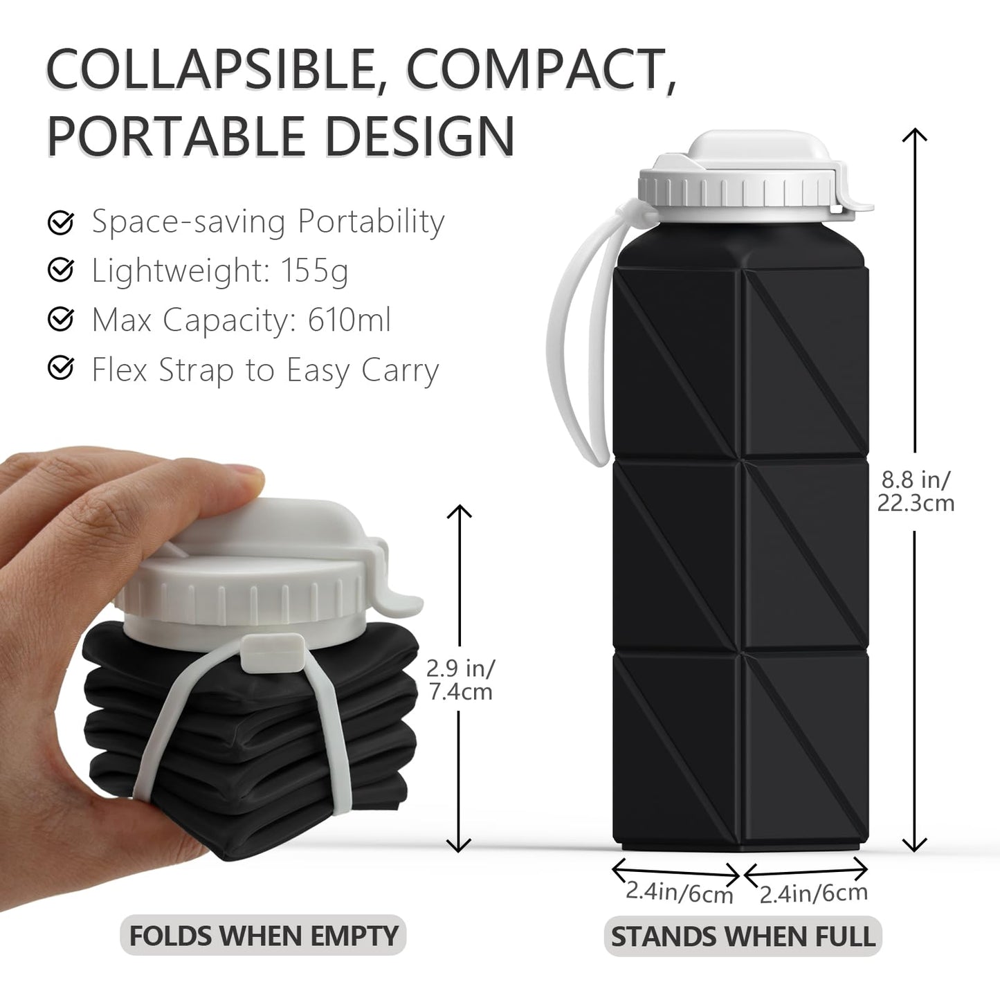 BEAUTAIL Collapsible Water Bottles with Straw, Silicone Foldable Portable Water Bottle 610ml Lightweight Reusable Leakproof for Travel Camping Hiking Cycling Yoga Sports, 2 Pack (Black+Starlight)
