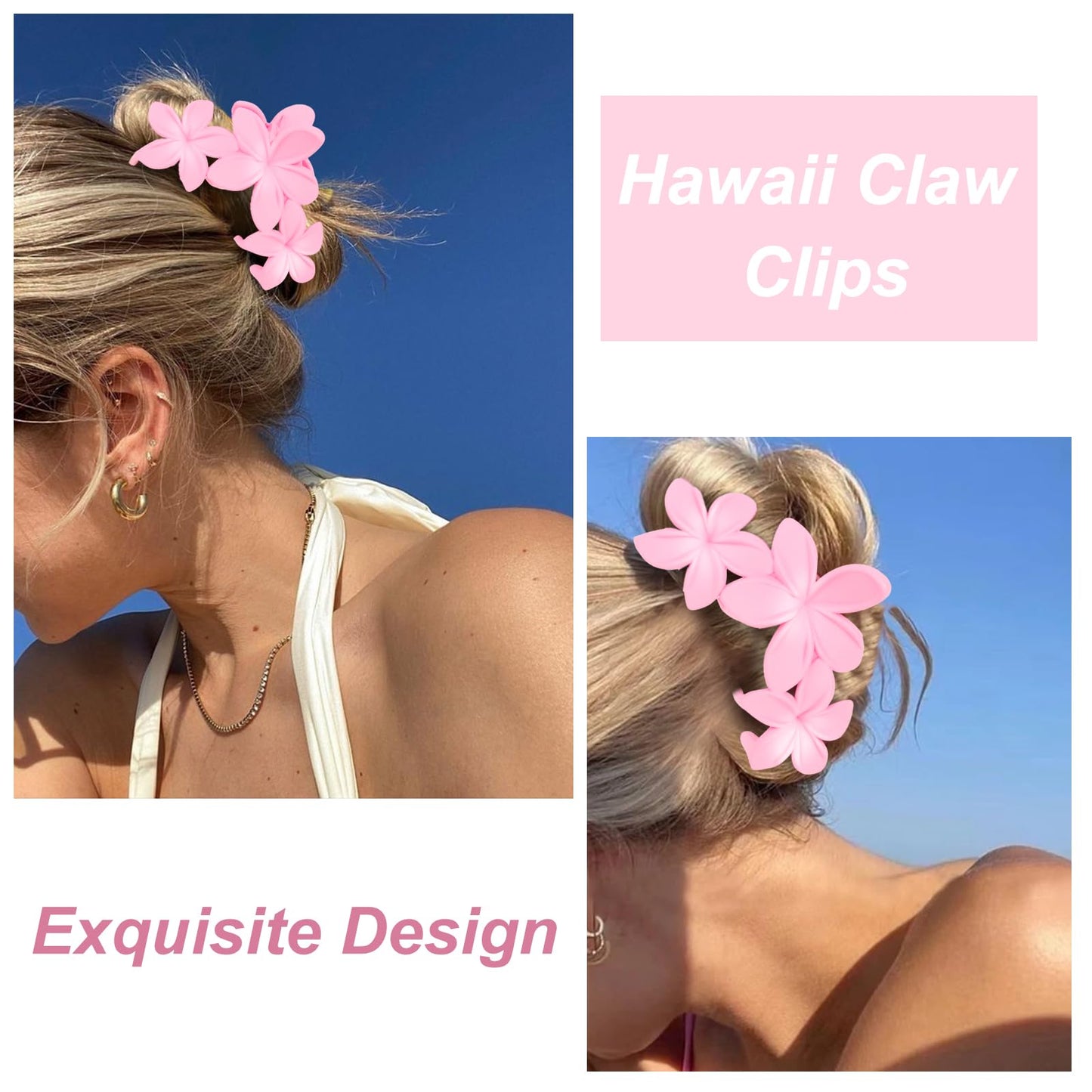 ANBALA 4PCS Flower Hair Clips, Tropical Plumeria Hair Clips for Women, Large Non-Slip Strong Hold Claw Clips, Beach Hair Accessories, Pink (4 Count)