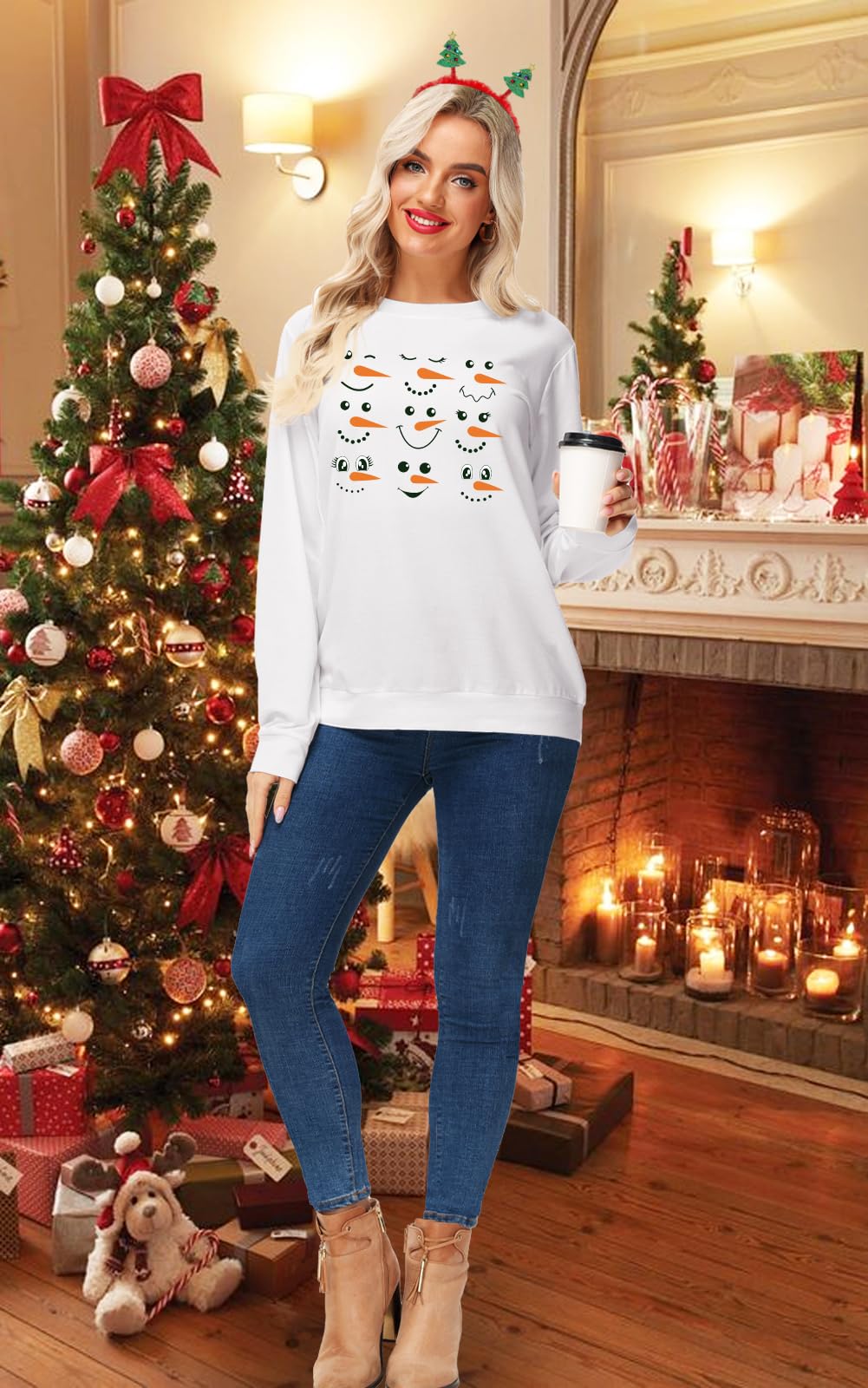 AOBUTE Womens Christmas Snowman Shirts Xmas Long Sleeve Print Holiday Party Tops 2XL