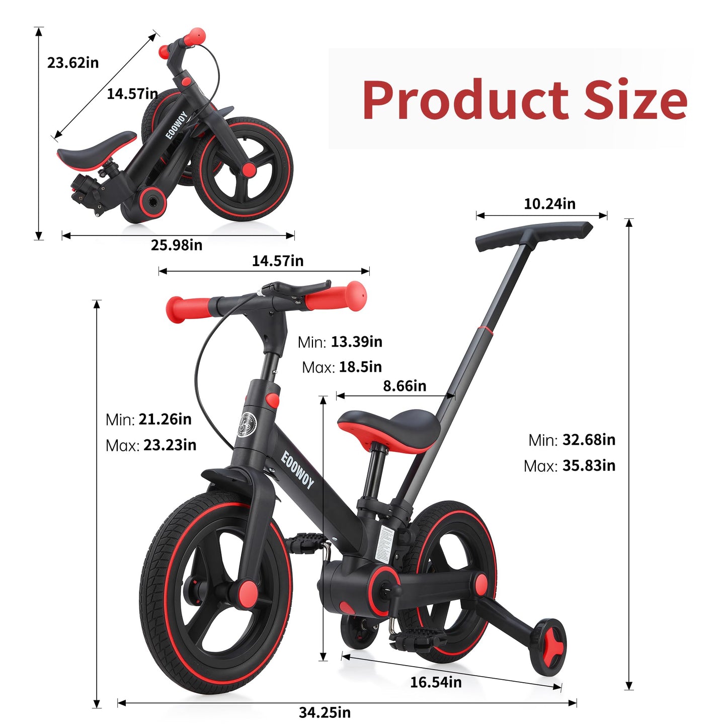 EOOWOY Balance Bike with Push Handle for Kids 18-60 Months, 6 in 1 Foldable Push Bike with Training Wheels & Pedals, Balance Bicycle for Boys and Girls with Brakes & Kickstand, Black
