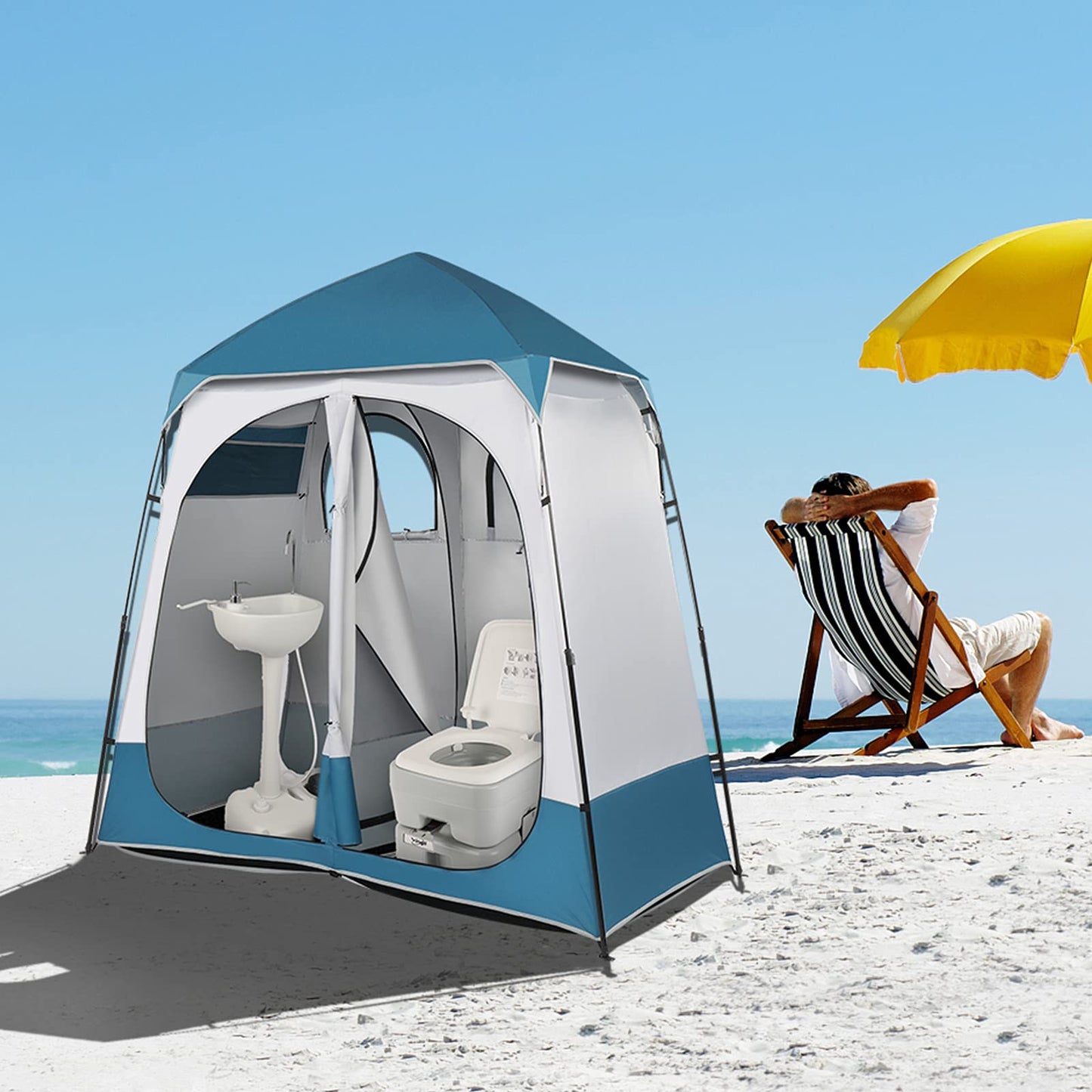 Shyneer Double Dressing Tent, 2 Room Shower Shelter, 7.5 FT Instant Pop Up With Carrying Bag, Privacy Changing Room for Portable Toilet, Easy Setup, Camping, Blue/White