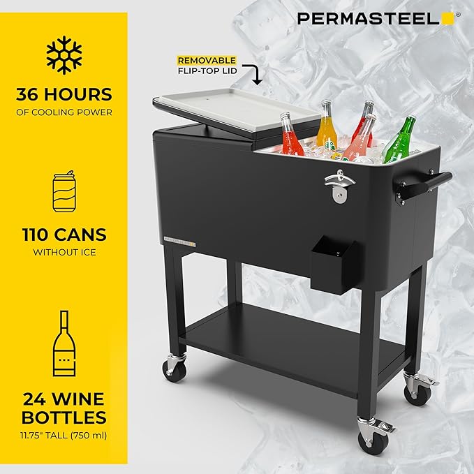 Permasteel Party Cooler with Removable Basin, Spacious 80-Qt Capacity, Rolling Ice Chest for Indoor and Outdoor Entertainment Black + Bonus Cover