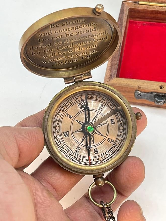 Antique Brass Compass Gift, Pocket Sundial Compass with Engraved Quote Be Strong and Courageous Perfect Compass Gifts for Men, Vintage Nautical Compass