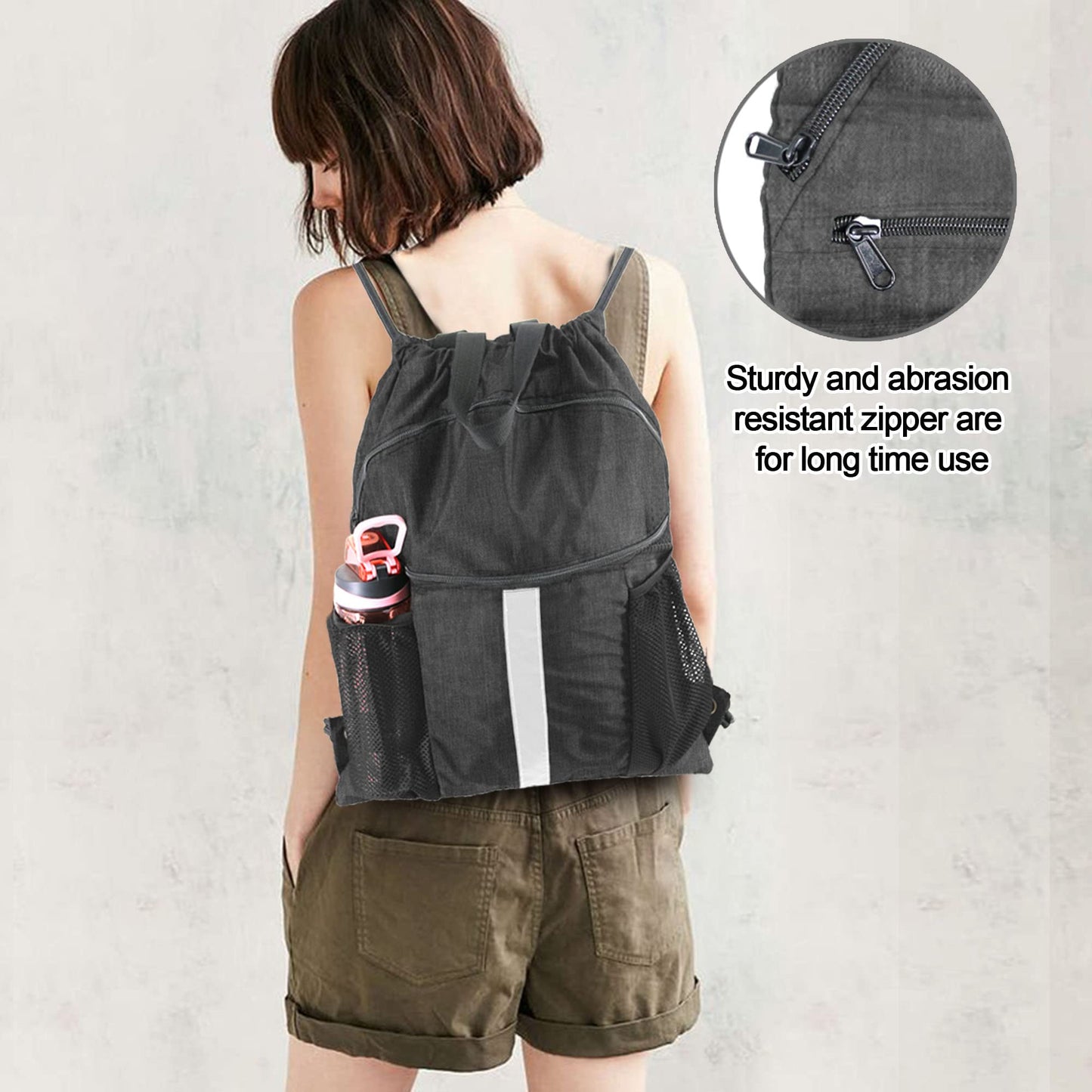 BeeGreen Red Drawstring Backpack Bag with Shoe Compartment X-Large Gym Sports String Cinch Sackpack with Front Inside Zipper Pockets 300D