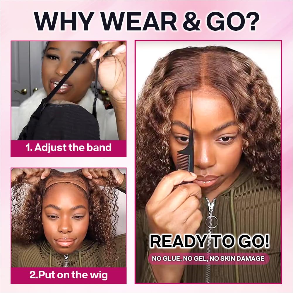 Ailwelia Highlight Blonde Wear And Go Glueless Curly Bob Wig Pre Plucked 4/27 5x5 Hd Lace Closure Wigs Human Hair For Black Women 200% Density Deep Wave Glueless Wigs Human Hair Bob 12 Inch