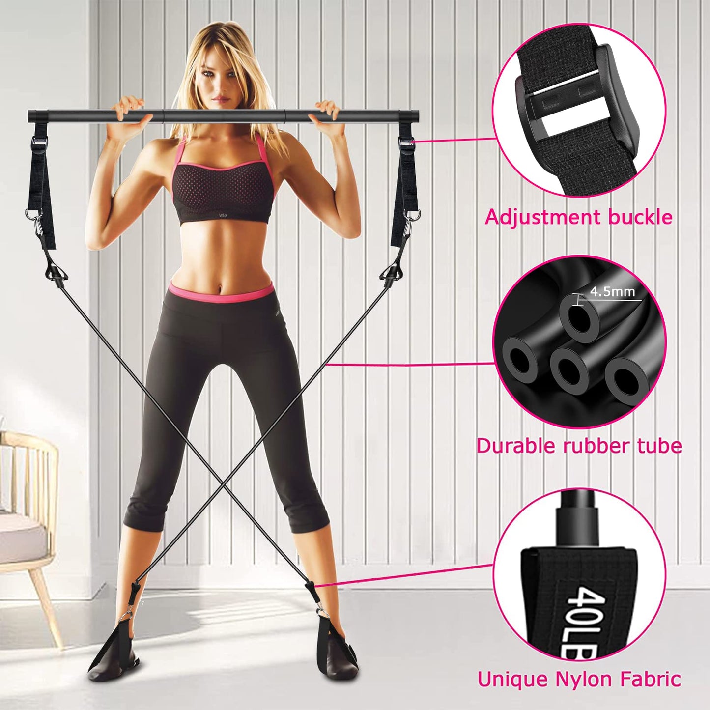 Pilates Bar Kit with Resistance Bands(4 x Bands),3-Section Pilates Bar with Stackable Bands Workout Equipment for Legs,Hip,Waist and Arm,Adjustable Pilates Flexbands Kit Home Gym Yoga Pilates Black