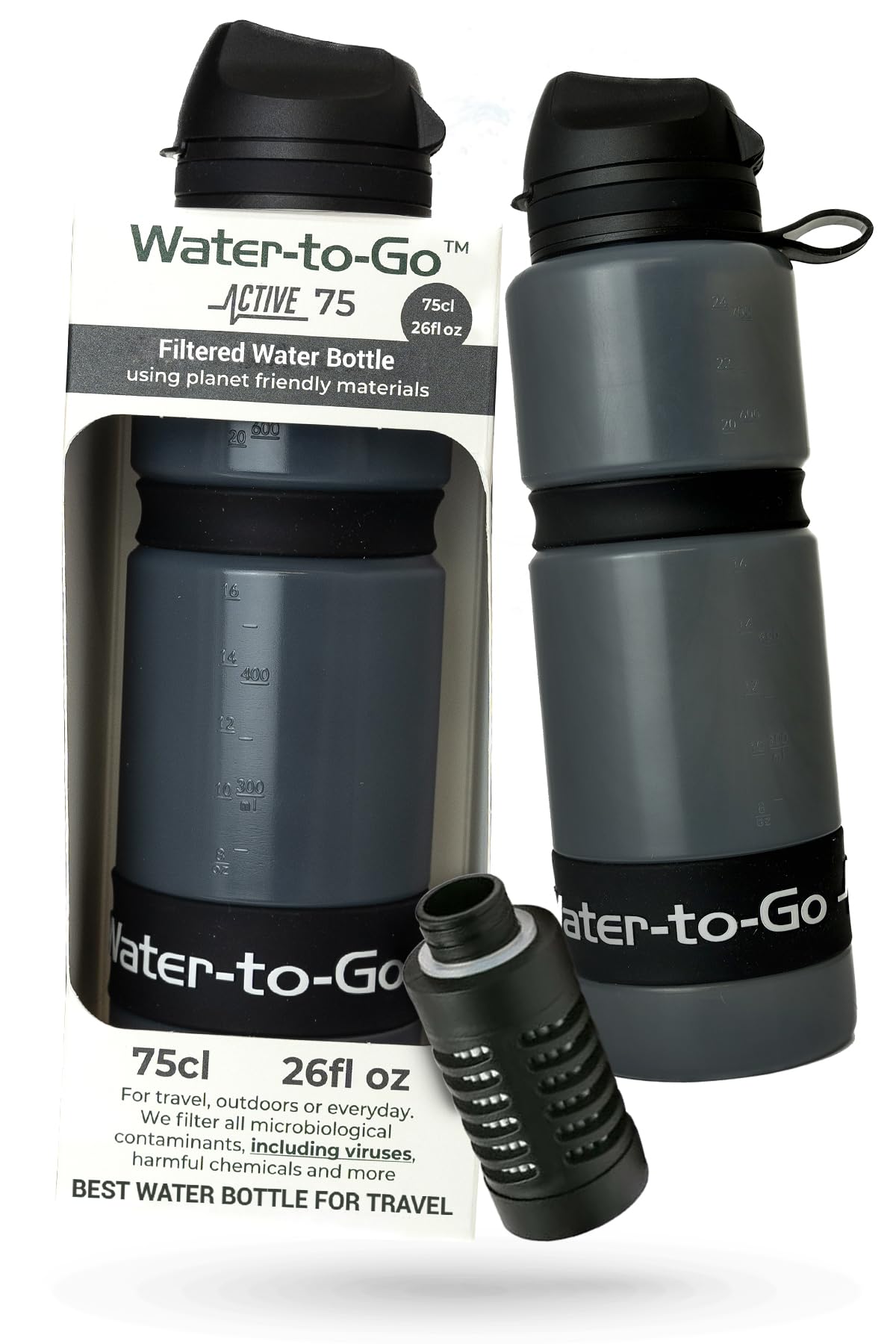 Water-to-Go Water Filter Bottle for Hiking Camping and Survival - 24oz/75cl Water Purifier Bottle for Safe Water Anywhere - Eco-Friendly Bioplastic, New Leak-Proof Lid, Filters Viruses