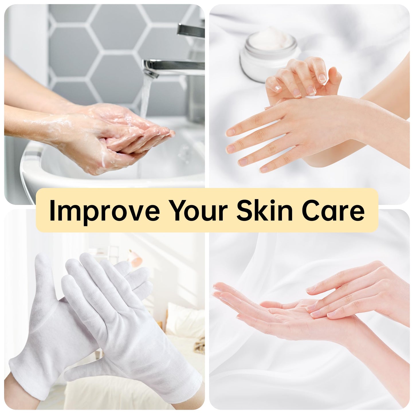 HandLove 12 Pairs Premium 100% Cotton Gloves, Dry Hands & Eczema, Overnight Lotion & Spa Treatment for Women & Men, Reusable | Wrist Extended White