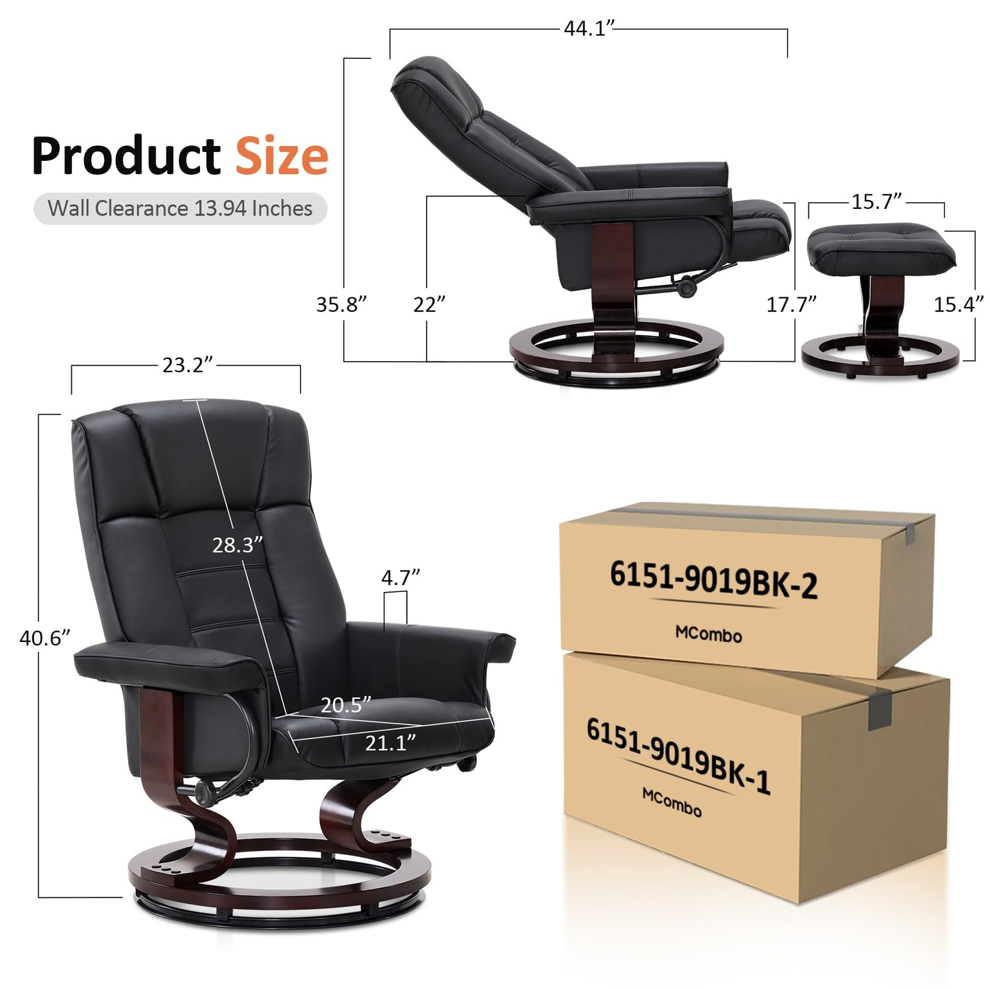 MCombo Manual Swivel Recliner with Ottoman, Chair Ottoman Set for RV Small Spaces, Living Room, Bedroom, Office 9019 4919 (Faux Leather, Black)