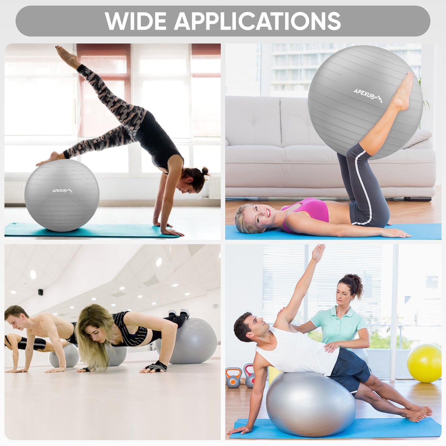 APEXUP Yoga Ball Exercise Ball, Anti Slip Stability Ball Chair, Heavy Duty Large Gym Ball for Fitness, Balance, Core Workout and Physical Therapy (S (15"~18") 45cm, Silver)