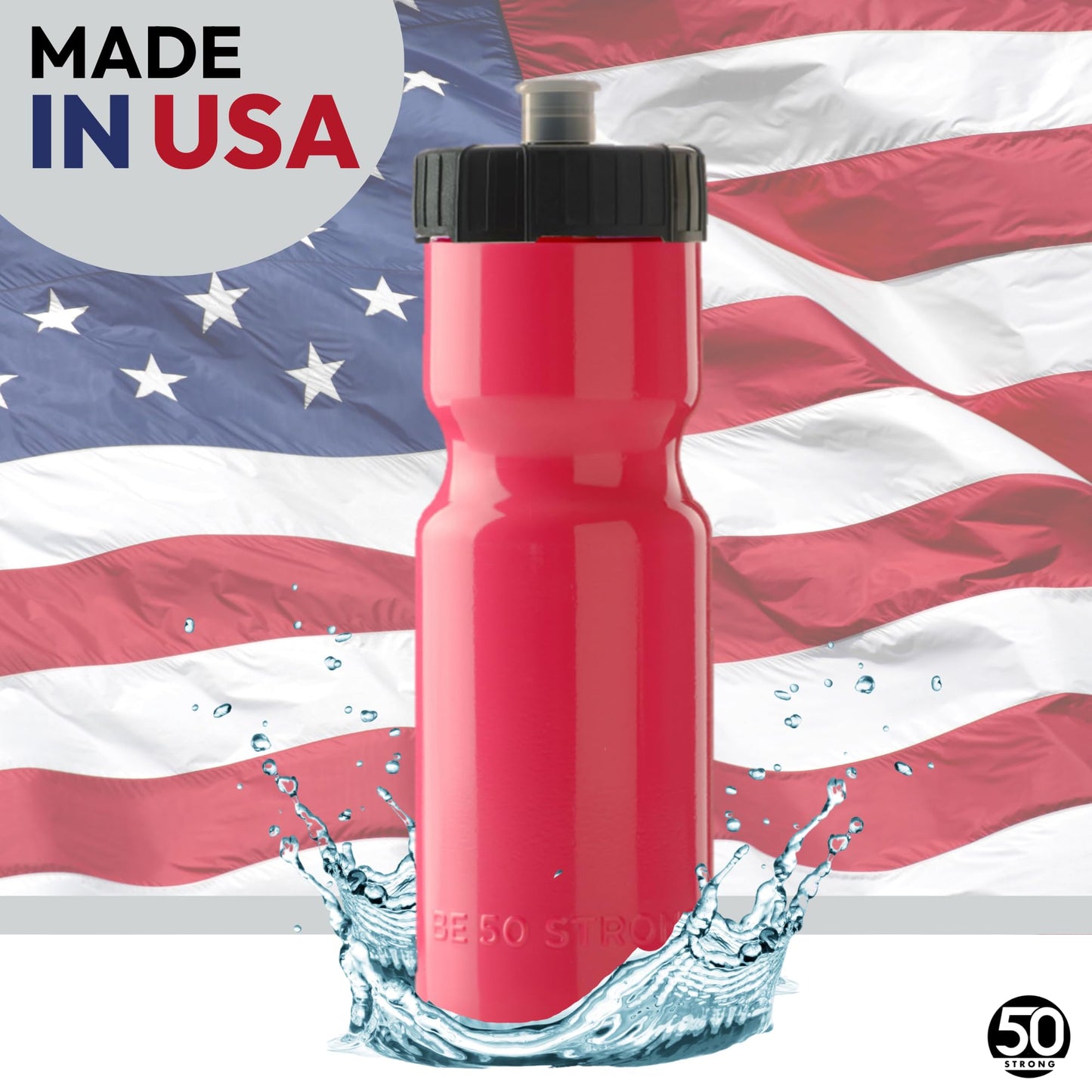 50 Strong Sports Squeeze Water Bottle 2 Pack – 22 oz. BPA Free Easy Open Push/Pull Cap – USA Made (Pink)