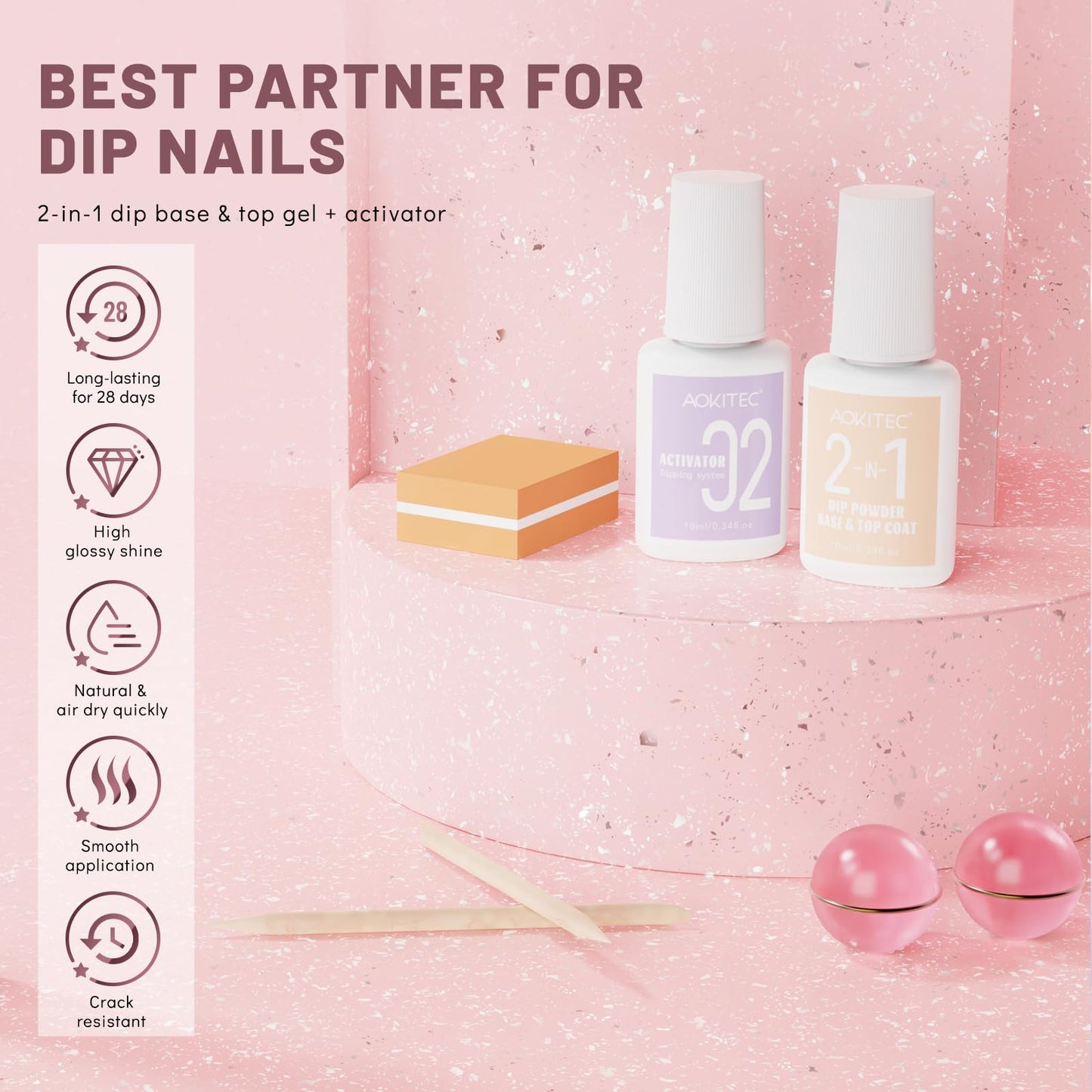Aokitec Sparkling Series Dip Powder Nail Kit - Glitter Pink Silver Gold Dip Powder Set with 2-in-1 Dip Base & Top Coat Activator Dip Liquid Set for Nail Art Starter DIY Dip Nail French Manicure