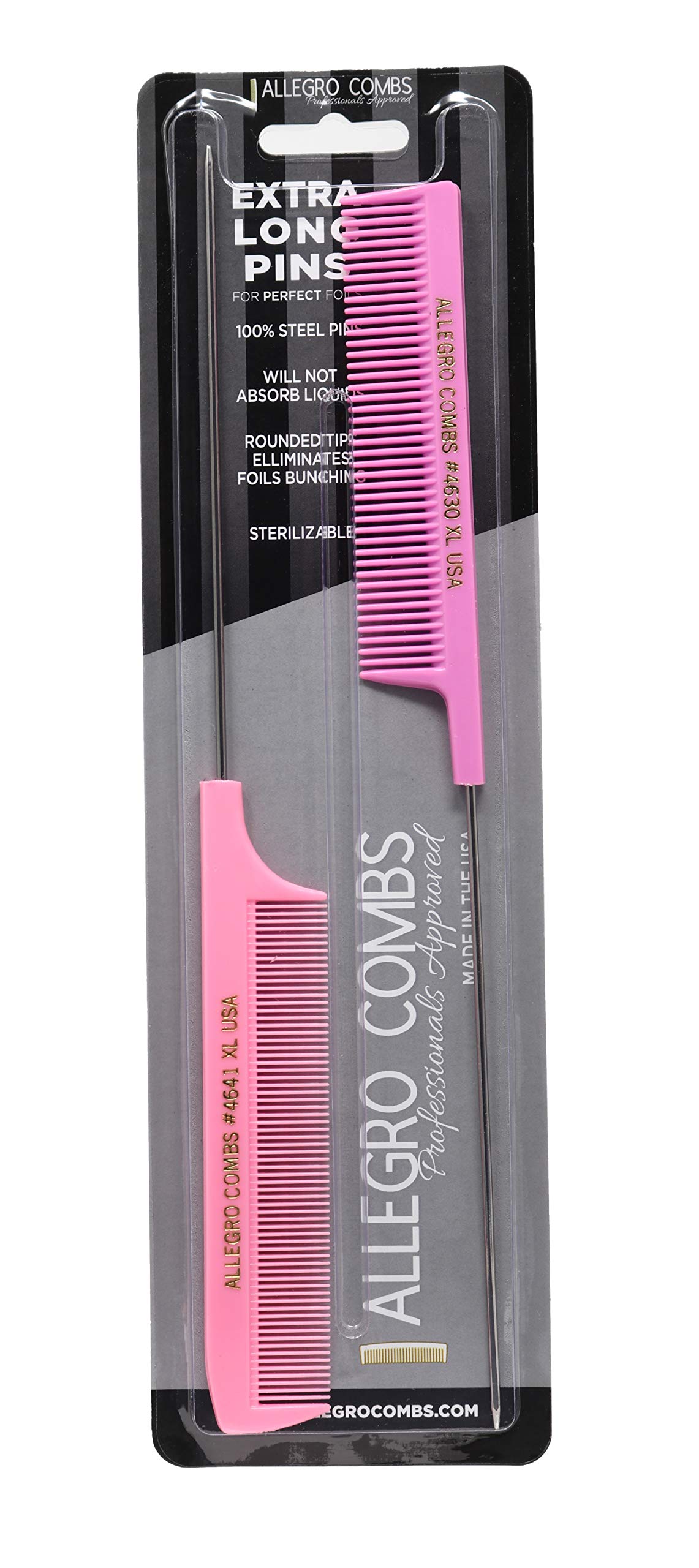 Allegro XL Pintail Rat Tail & Parting Combs - Metal Tail Foiling & Pin Combs (2 Pc., PINK)
