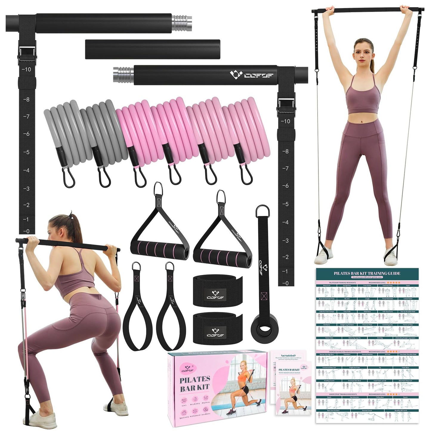 Pilates Bar Kit with Resistance Bands, Multifunctional Yoga Pilates Bar with Heavy-Duty Metal Adjustment Buckle, Portable Home Gym Pilates Resistance Bar for Full Body Workouts(20-150LBS)- Jet Black
