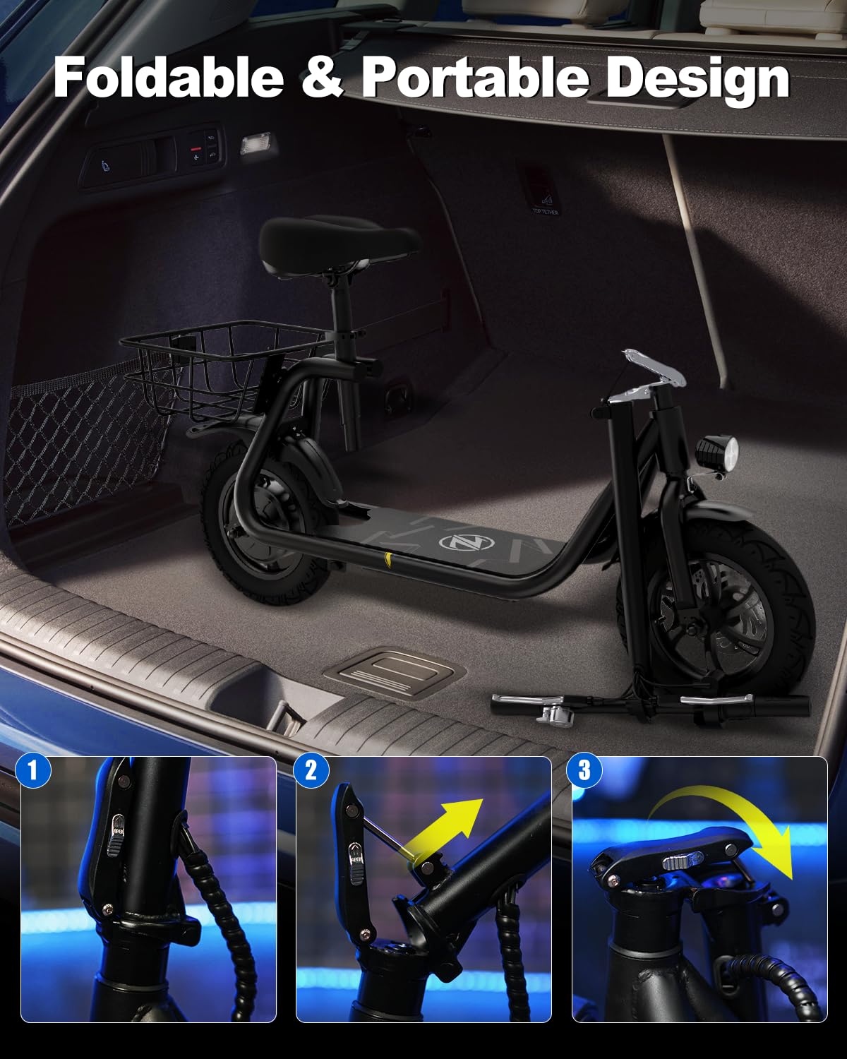 Electric Scooter with Seat ZD06, 800W Peak Motor, 20 Mile Range & 15.5 Mph, Key Start, Foldable E-Scooter with Carry Basket for Pets & Cargo, Electrically-Powered Motor Scooters