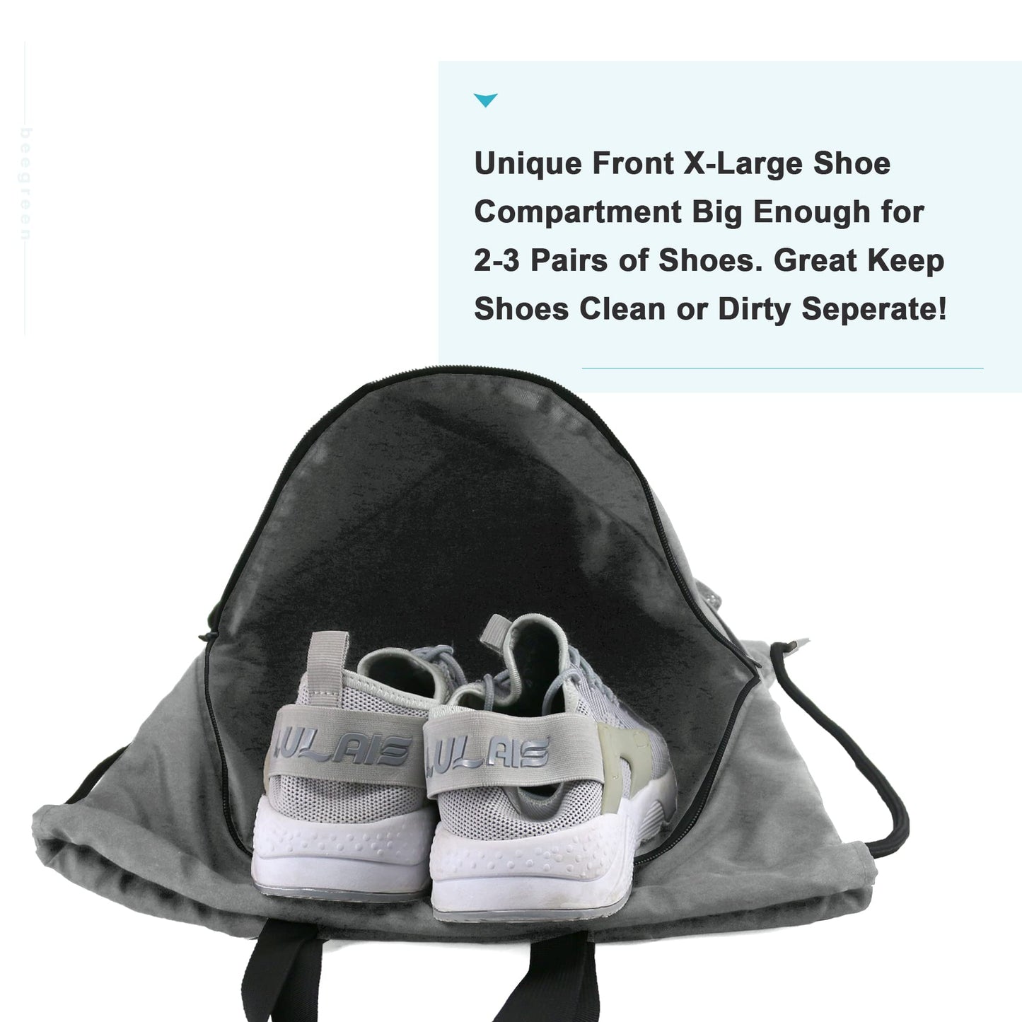 BeeGreen Grey Drawstring Backpack Bag with Shoe Compartment X-Large Black Gym Sports String Cinch Backpack Athletic Sackpack Mesh Water Bottle Holders for Women Men