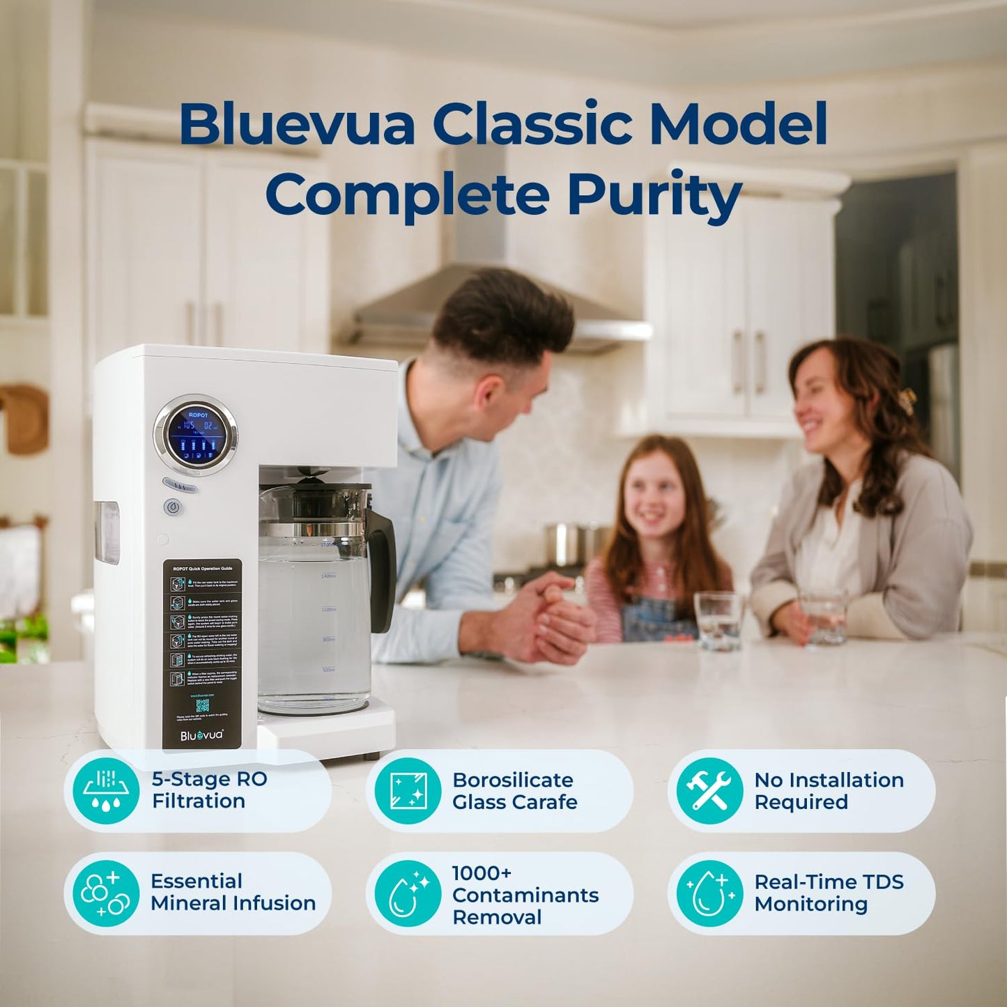 Bluevua RO100ROPOT Reverse Osmosis System Countertop Water Filter, 4 Stage Purification, Counter RO Filtration, 2:1 Pure to Drain, Purified Tap Water, Portable Water Purifier for Home
