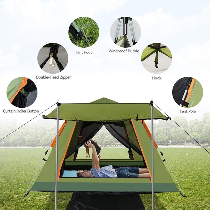YUSING Instant Tents for Camping Pop Up Tent, Family Camping Tent for 4 Person, Pop Up Tent with Vestibule and Mesh Windows, UPF 50+