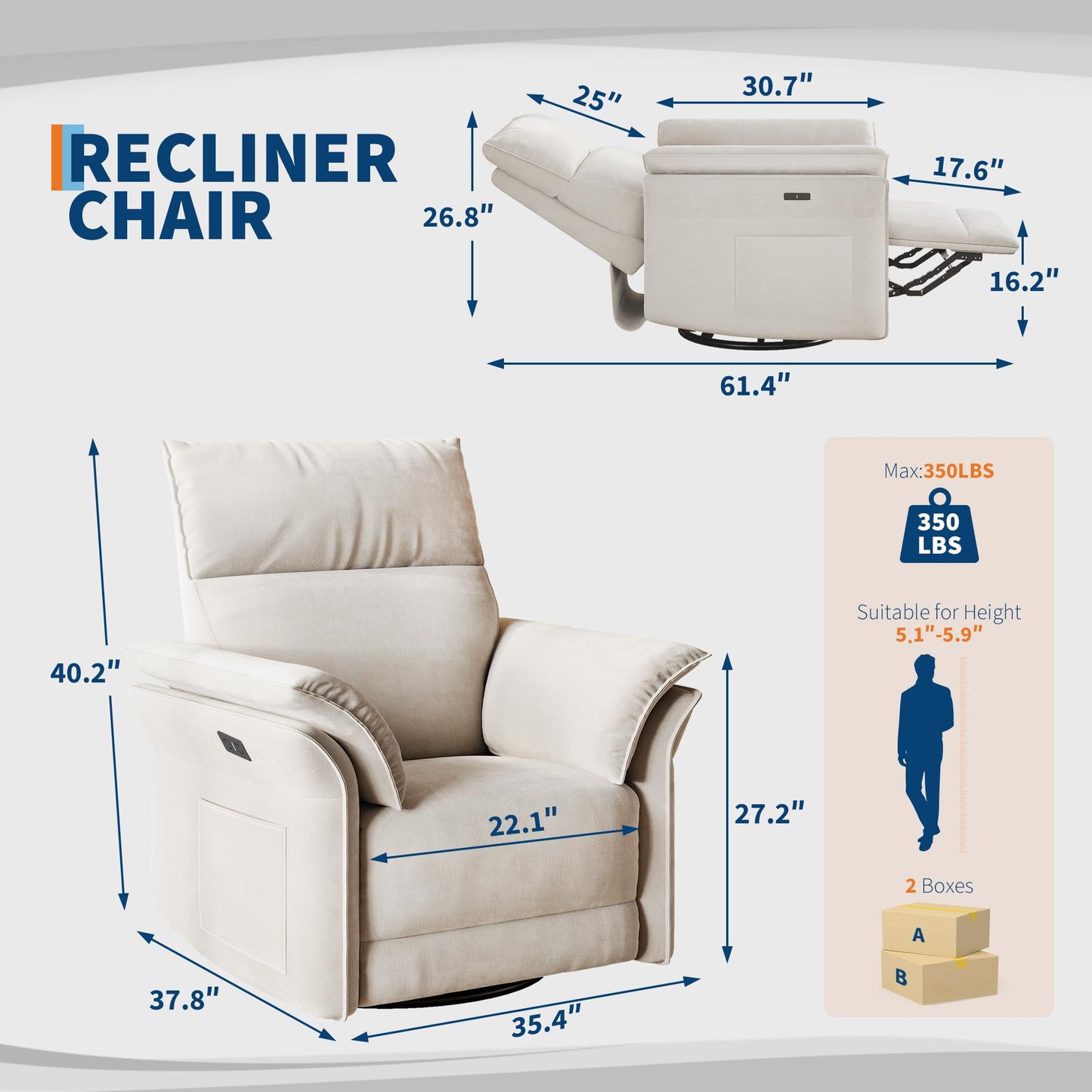 GarveeHome Power Recliner Chair Swivel Glider Upholstered Chenille Nursery Rocker Reclining Sofa Chair with Charging Port, Double-Layered Armrests & Side Pocket for Living Room and Bedroom (Beige)