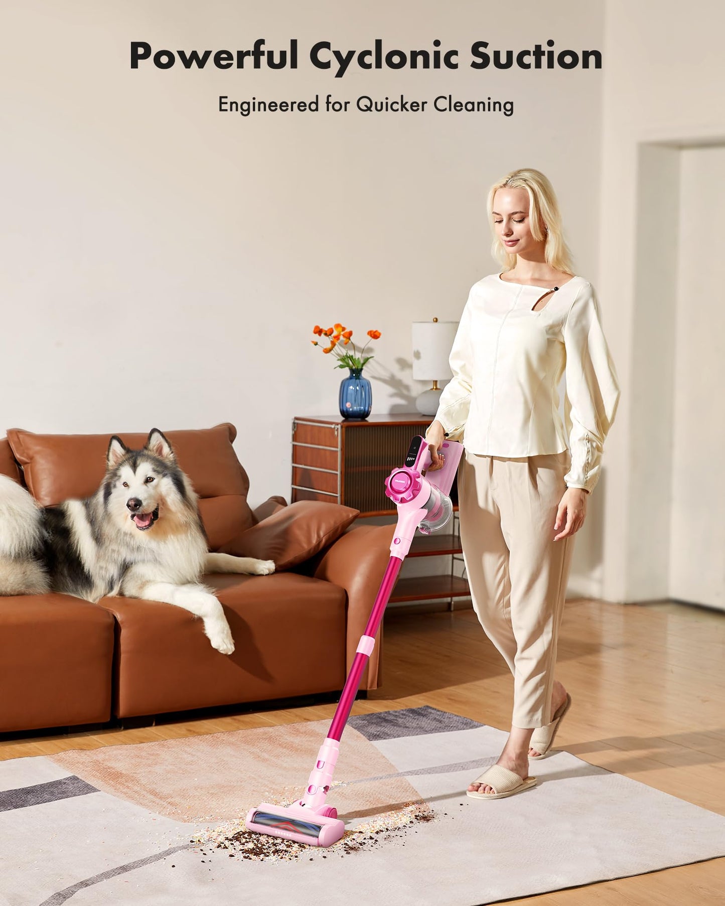 Trucozie Cordless Vacuum Cleaner, 8-in-1 Lightweight Stick Vacuum with 45mins Runtime, Powerful Suction, Rechargeable Cordless Vacuum for Carpet, Tile, Pet Hair, Hardwood Floors, Pink
