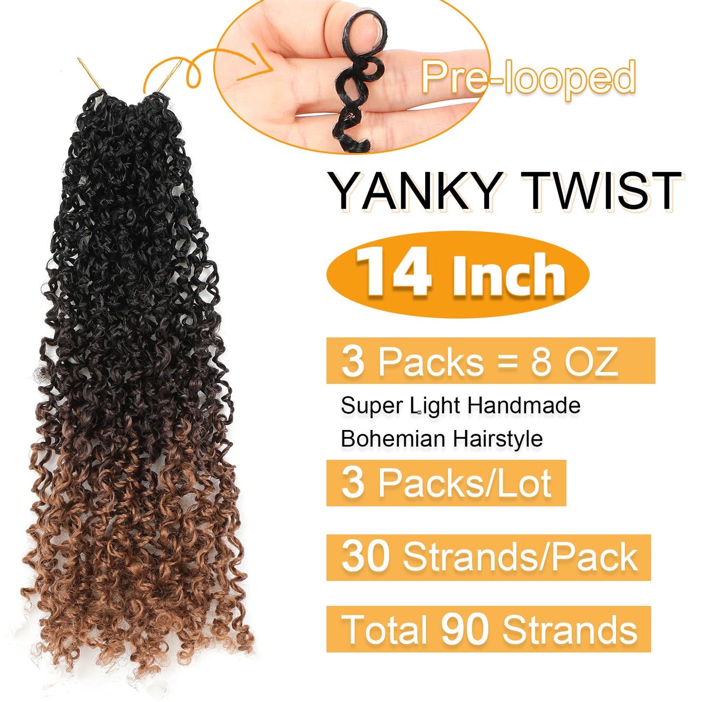 Aksice 14 Inch 3 Packs Yanky Twist Crochet Hair for Women Pre-looped Mini Twist Hair Bohemian Passion Twist Crochet Hair Boho Crochet Braids Synthetic (1B/4/30)