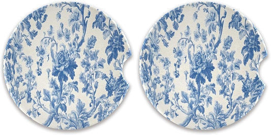 Car Cup Coaster 2 Pack Absorbent Car Coasters for Drinks Blue Flowers Ceramic Cup Holder with Finger Notch for Women and Men 2.5 inch Car Interior Accessories