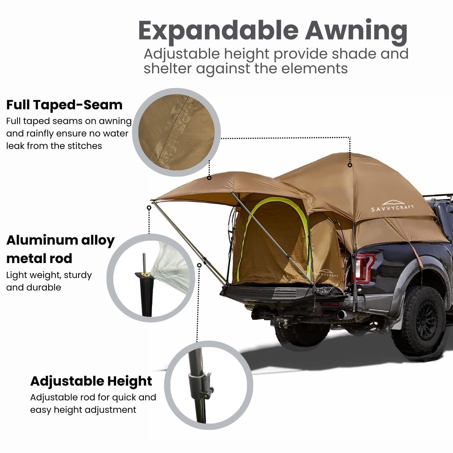 Savvycraft Pickup Truck Bed Tent for Full Size Truck 6.4'-6.7' Bed, Waterproof P3000mm 2-Person Double Layer Truck Bed Tent Camping Tent, Expandable Awning, Rainfly, Storage Bag Included Brown