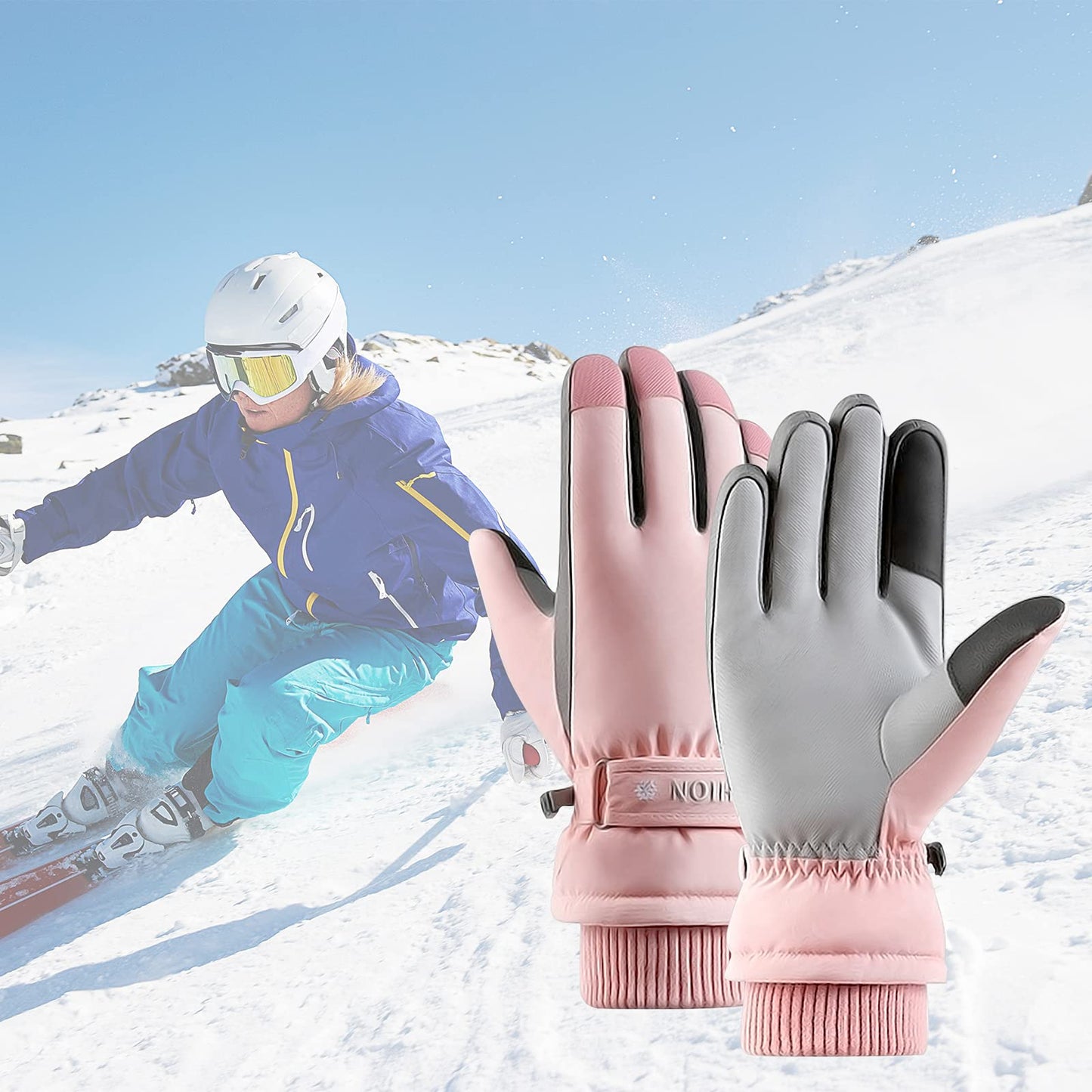 Andiker Women Winter Ski Gloves, Waterproof Touchscreen Snowboard Gloves, Windproof Warm Snow Gloves for Skiing Running and Cycling (Pink)