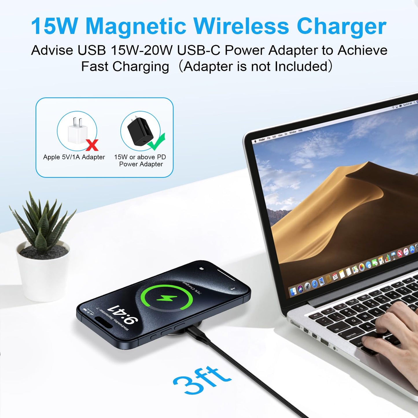 Samsung Wireless Charger Fast Charging Pad 15W Wireless Magnetic Magsafe Charger for Samsung Galaxy S25 Ultra S25 Plus S24 Ultra S23 FE S22 S21 S20 Z Flip6/Fold6,iPhone 16 Plus 15 Pro Max,Pixel 9Pro 8