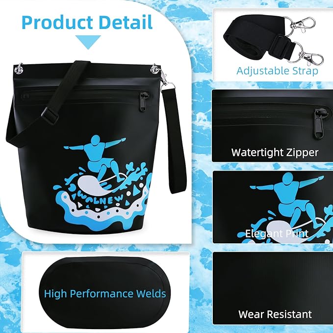 WALNEW Waterproof Dry Bag with Watertight Zipper, Lightweight Waterproof Pouch for Women Men, IPX5 Crossbody Dry Sack Keeps Gear Dry for Kayaking, Beach, Boating, Camping, Fishing, Hiking (BLACK)