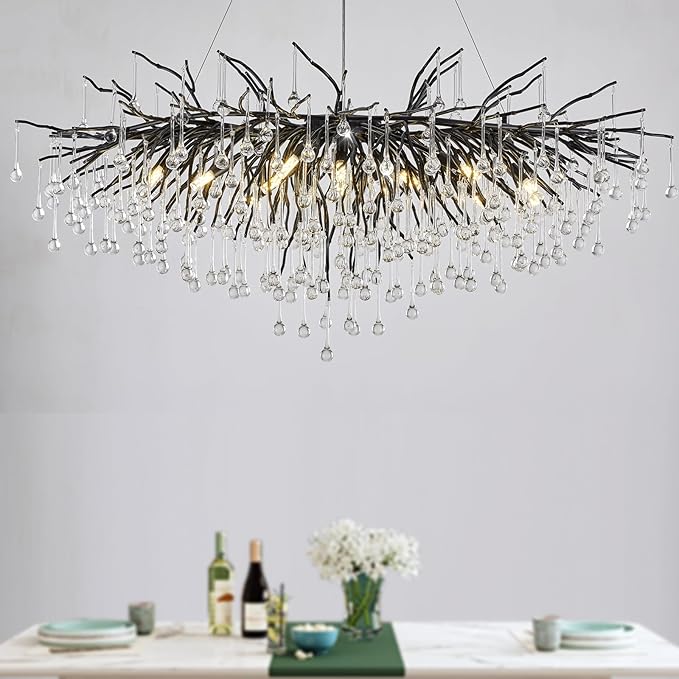 Black Chandelier for Dining Room,L47.24in Rectangular Modern Chandeliers Raindrop Light,Tree Branch Chandelier Light Fixture for Kitchen Island,Entryway 13-Light
