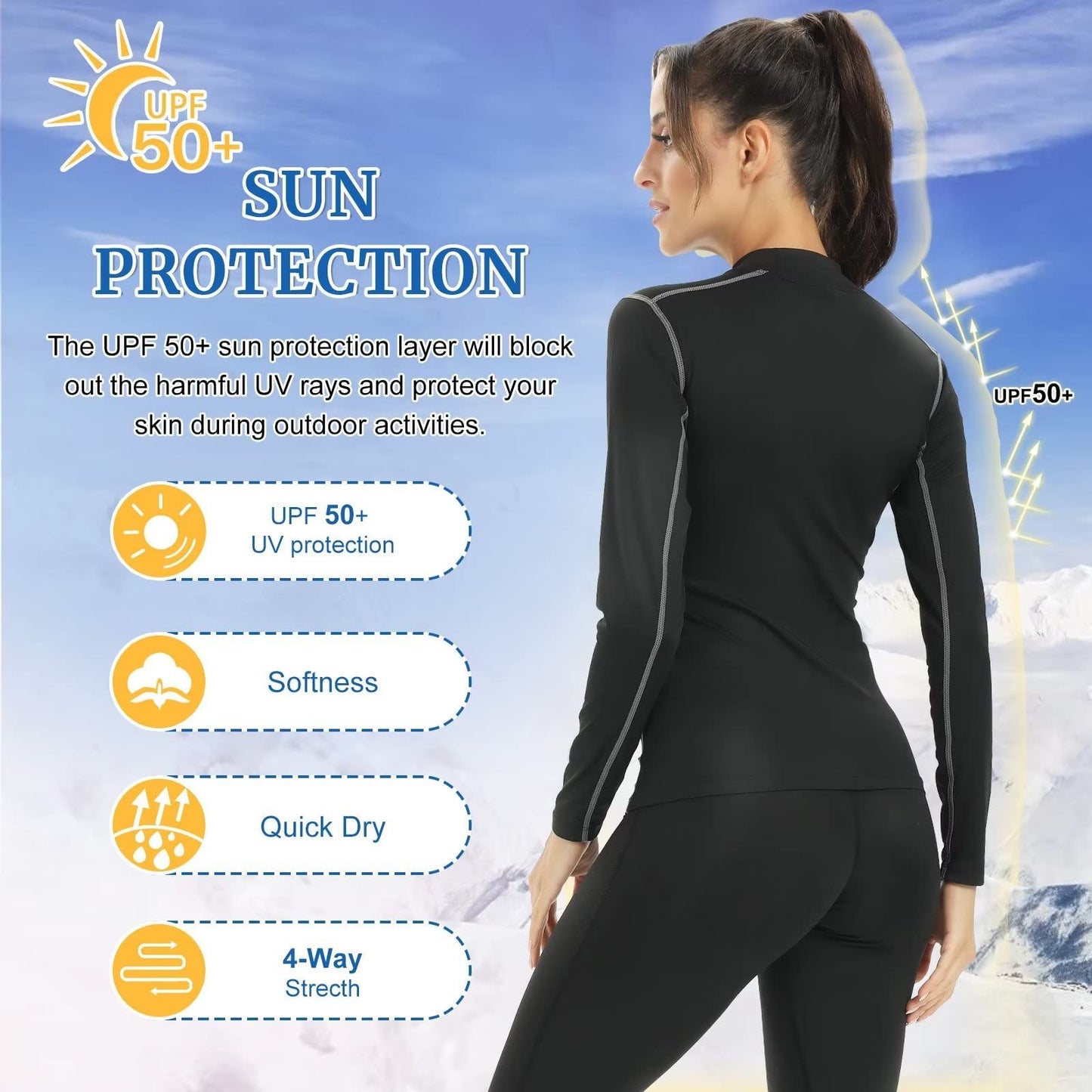 Tesuwel Thermal Shirts for Women Cold Weather Ski Base Layer Women Long Sleeve Fleece Ladies Thermal Tops Winter Warm Hiking Snow Underlayer Running Athletic Shirts Moisture Wicking 2219 Black L